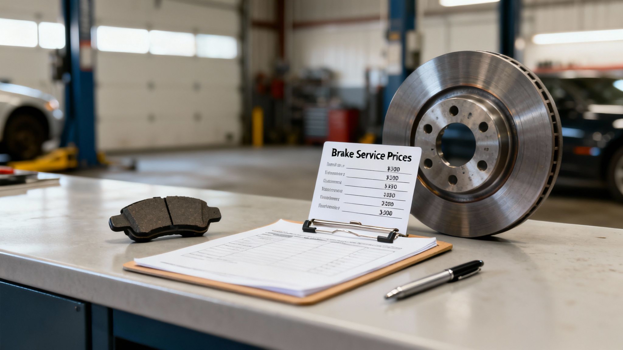 Brake components like a rotor and pad with a price list on a counter in an auto repair shop.