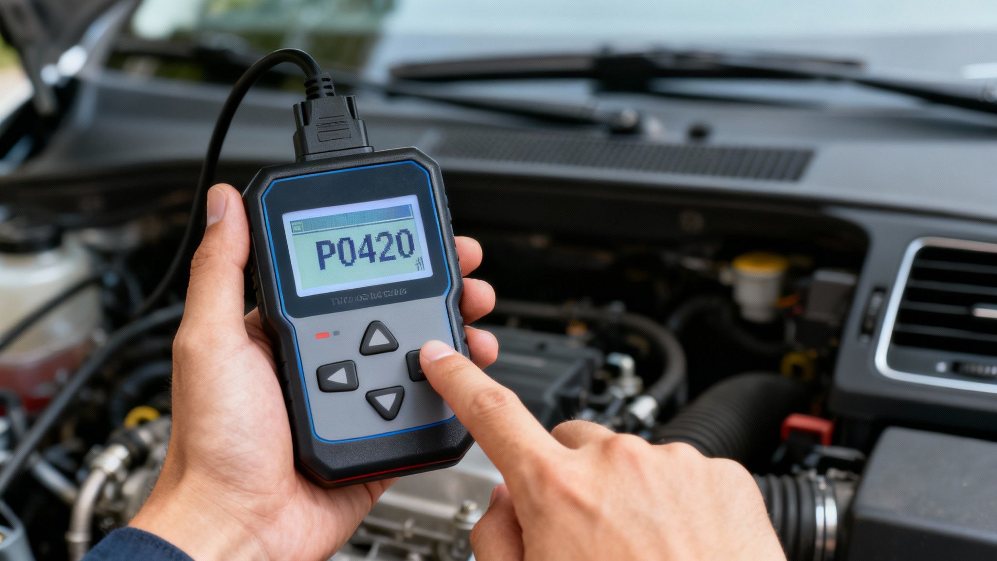 Hands holding an OBD-II scanner displaying error code P0420 in a car's open engine bay.