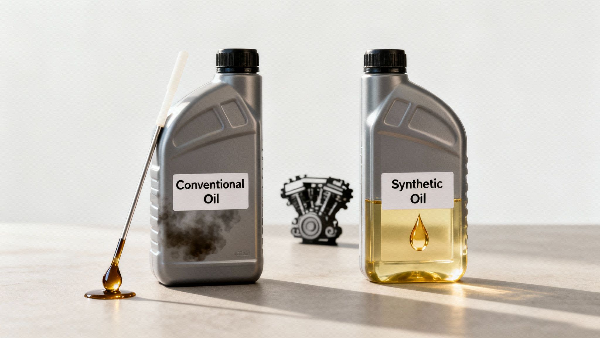 Comparison of two engine oil bottles: conventional oil showing dirt and synthetic oil appearing clean.