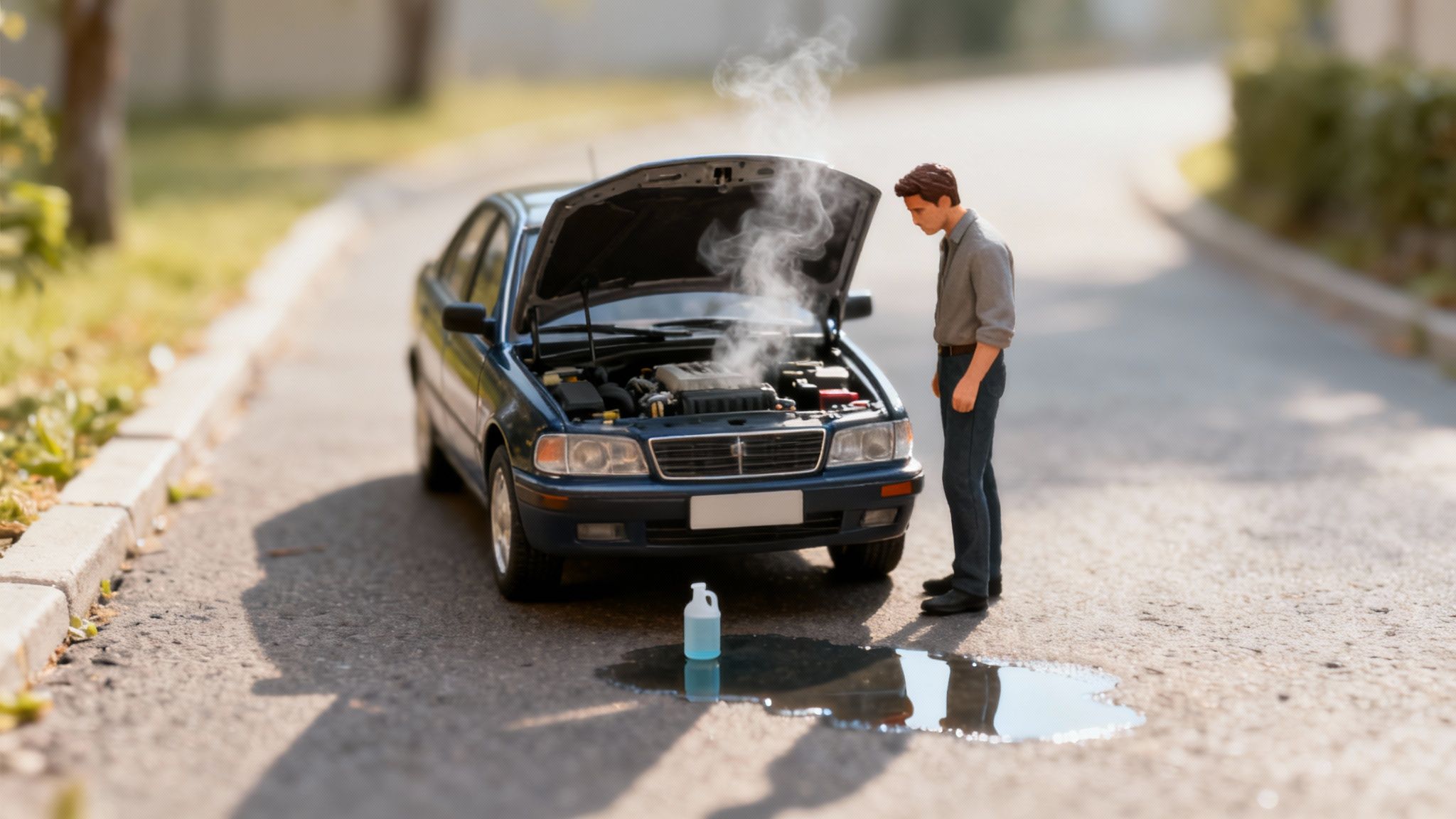 A miniature man inspects a smoking car with an open hood and a liquid puddle from a radiator leak.