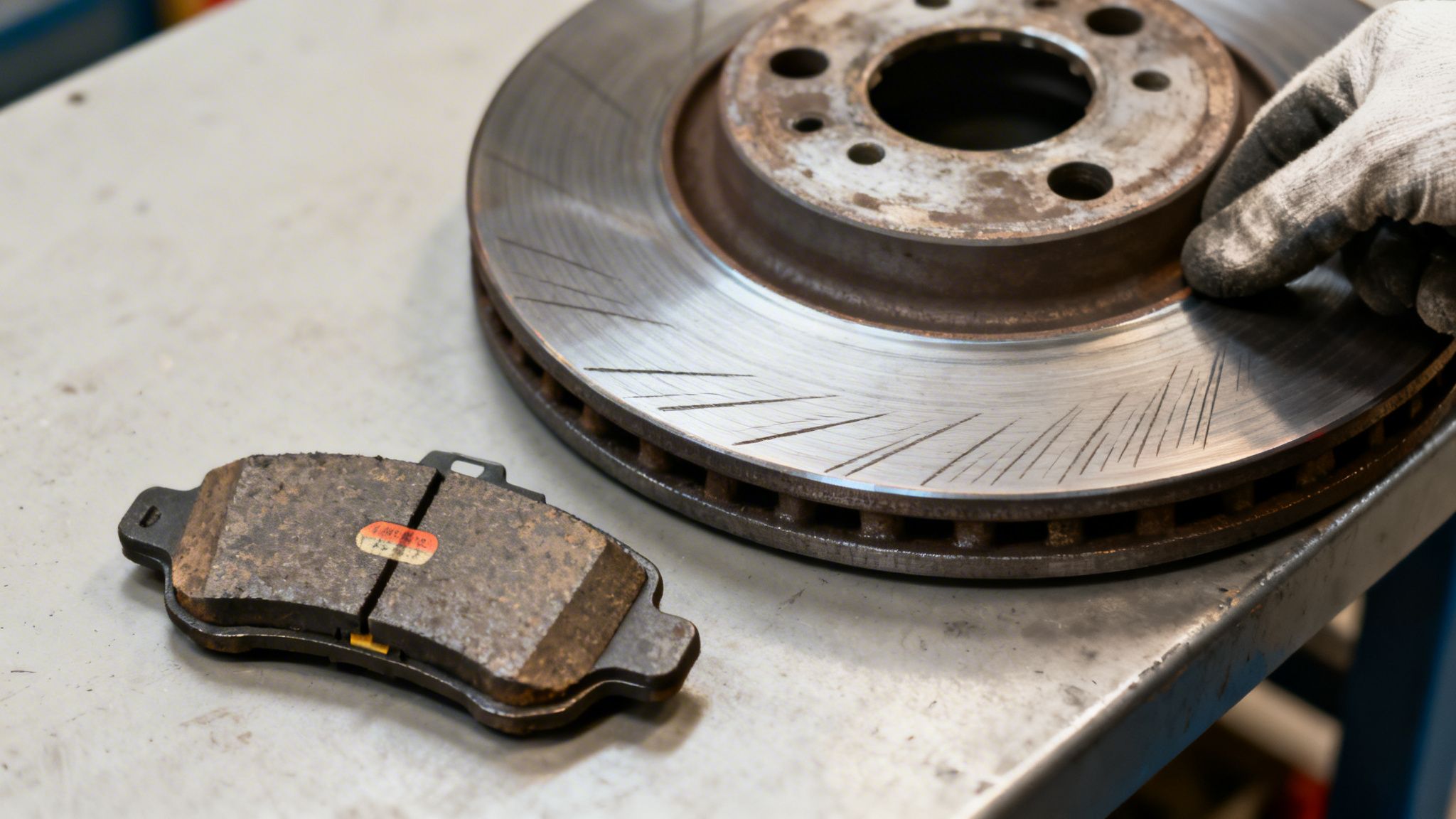 A gloved hand inspects a worn car brake disc with scoring, alongside a used brake pad, indicating brake service.