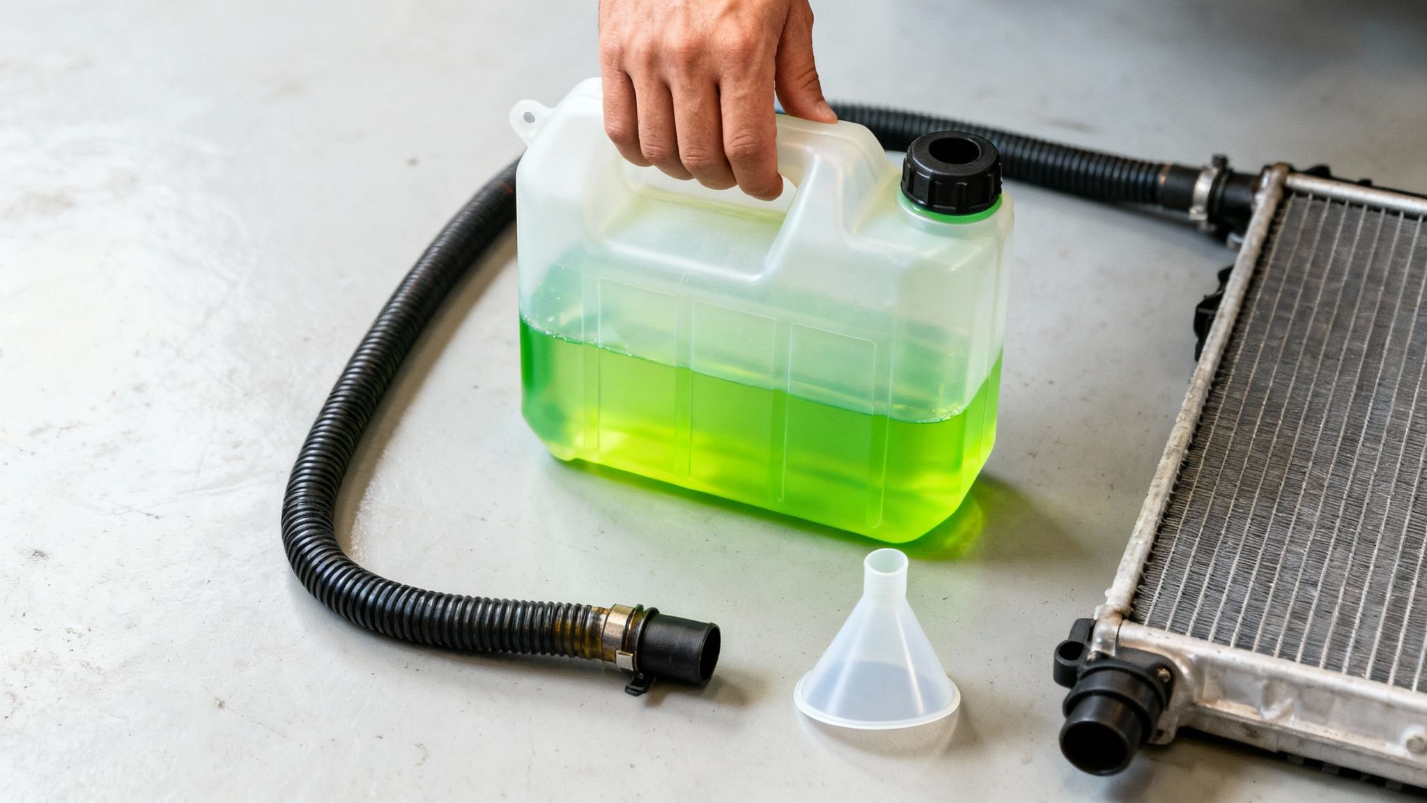 A person holds a jug of green coolant near a car radiator, hose, and funnel, ready for maintenance.