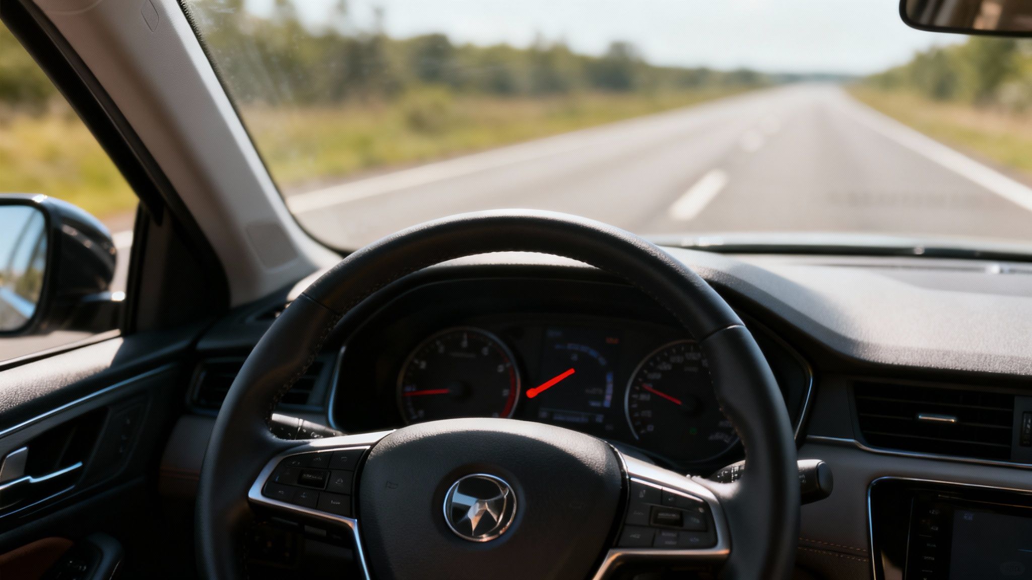 View from inside a car, showing the steering wheel and dashboard while driving on a long, straight road.