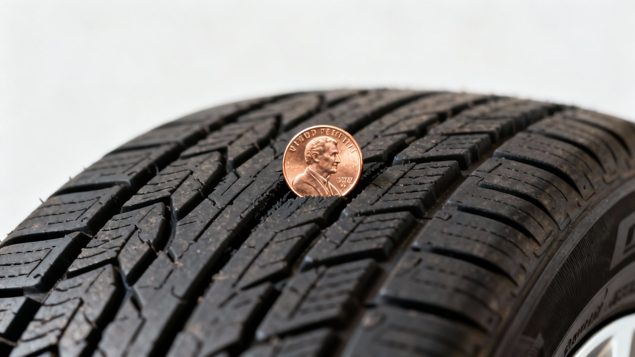 A close-up of a U.S. penny inserted into a car tire tread to check depth.