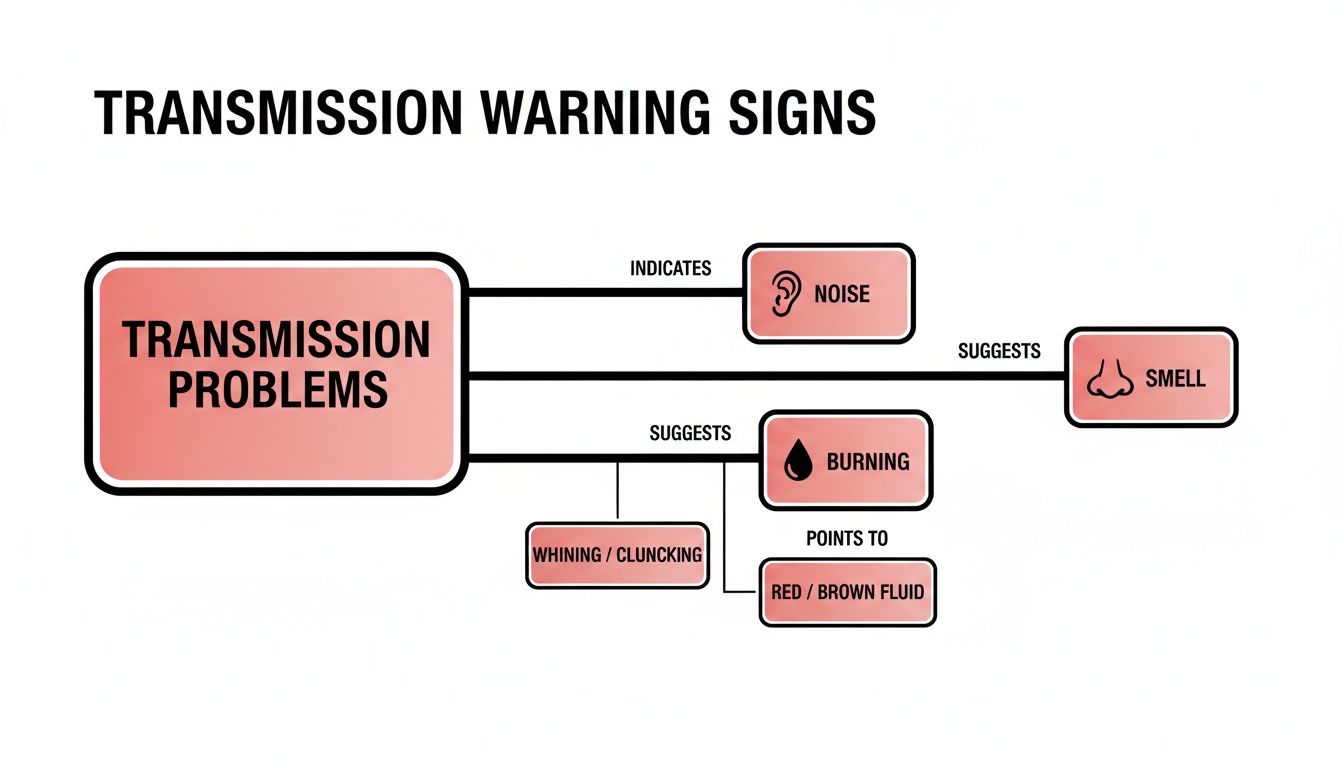 A flowchart illustrating transmission warning signs, including noise, burning smell, whining, clunking, and red or brown fluid.