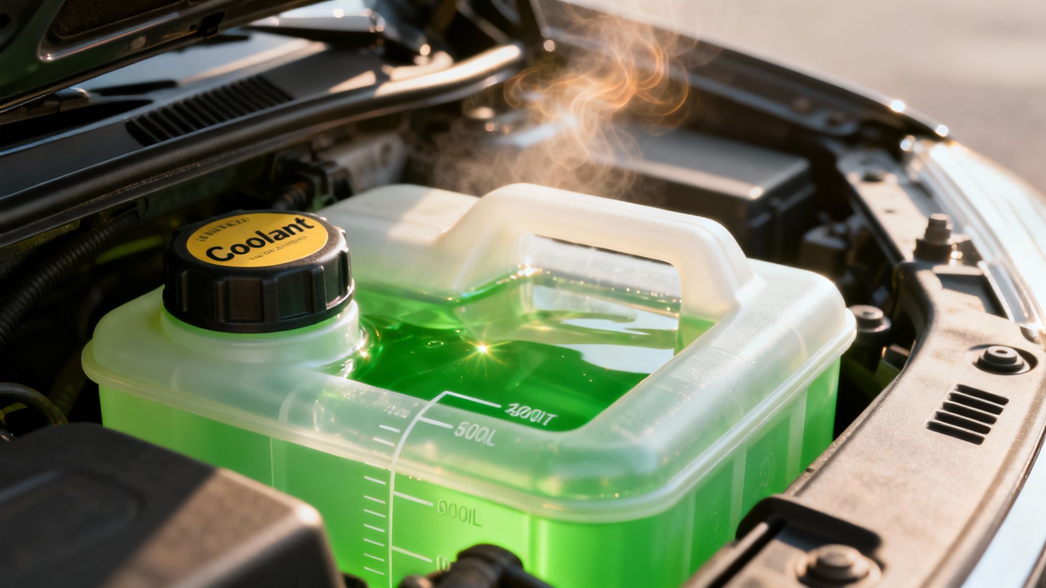 Close-up of a car's engine bay showing a transparent reservoir with green coolant and steam rising.
