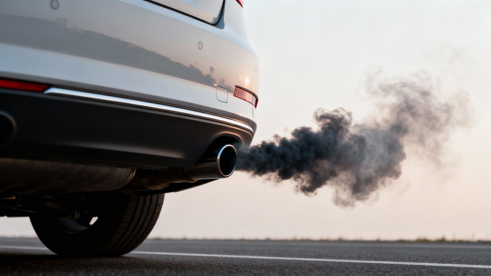 Rear view of a silver car's exhaust pipe emitting thick black smoke.