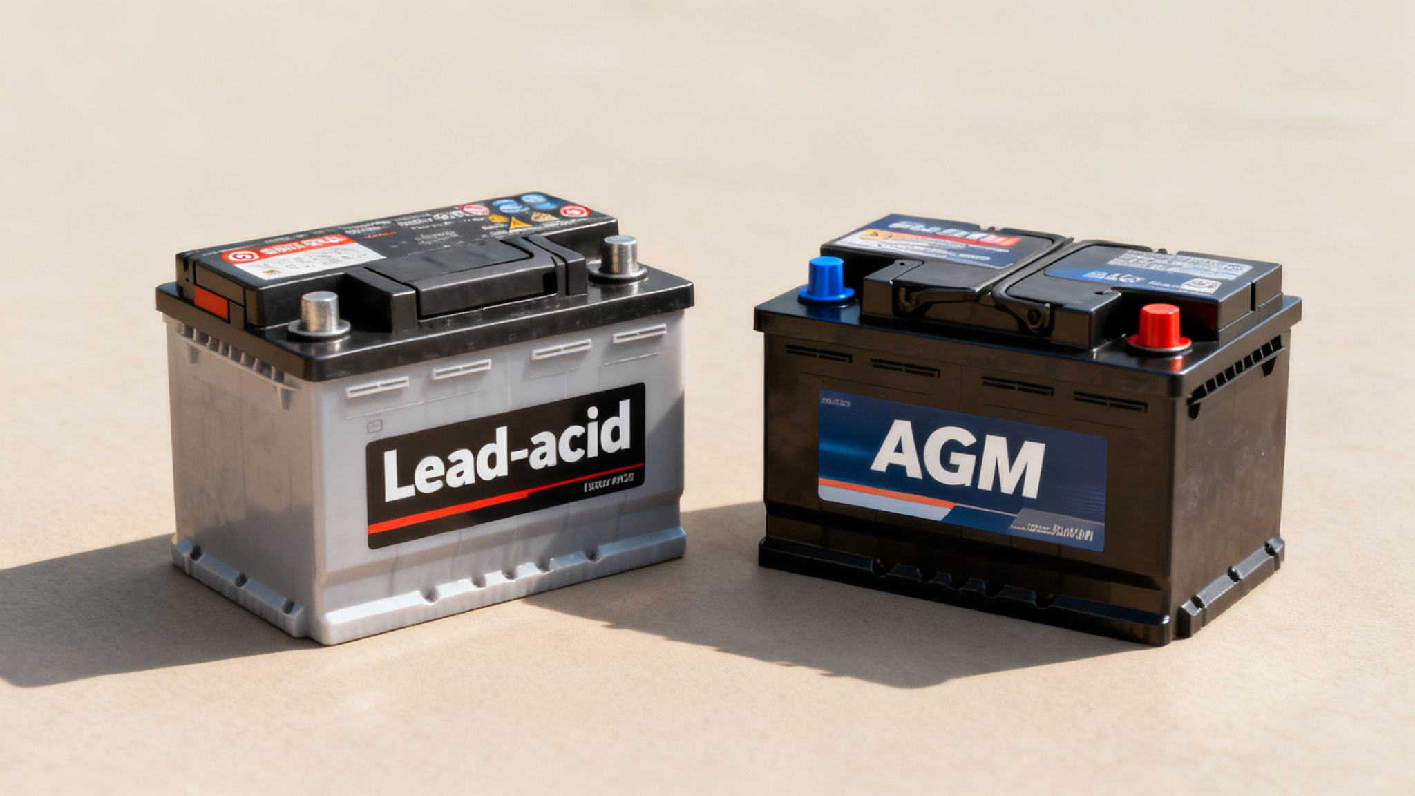 Two car batteries, one lead-acid and one AGM, displayed side-by-side on a light surface.