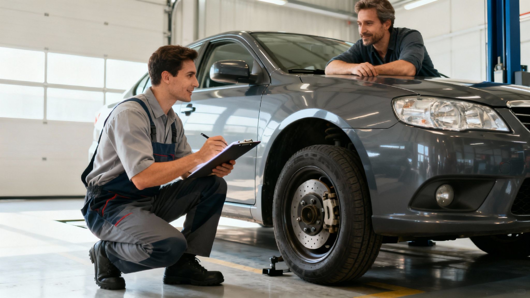 A mechanic writes on a clipboard, discussing car repairs with a smiling customer in an auto shop.