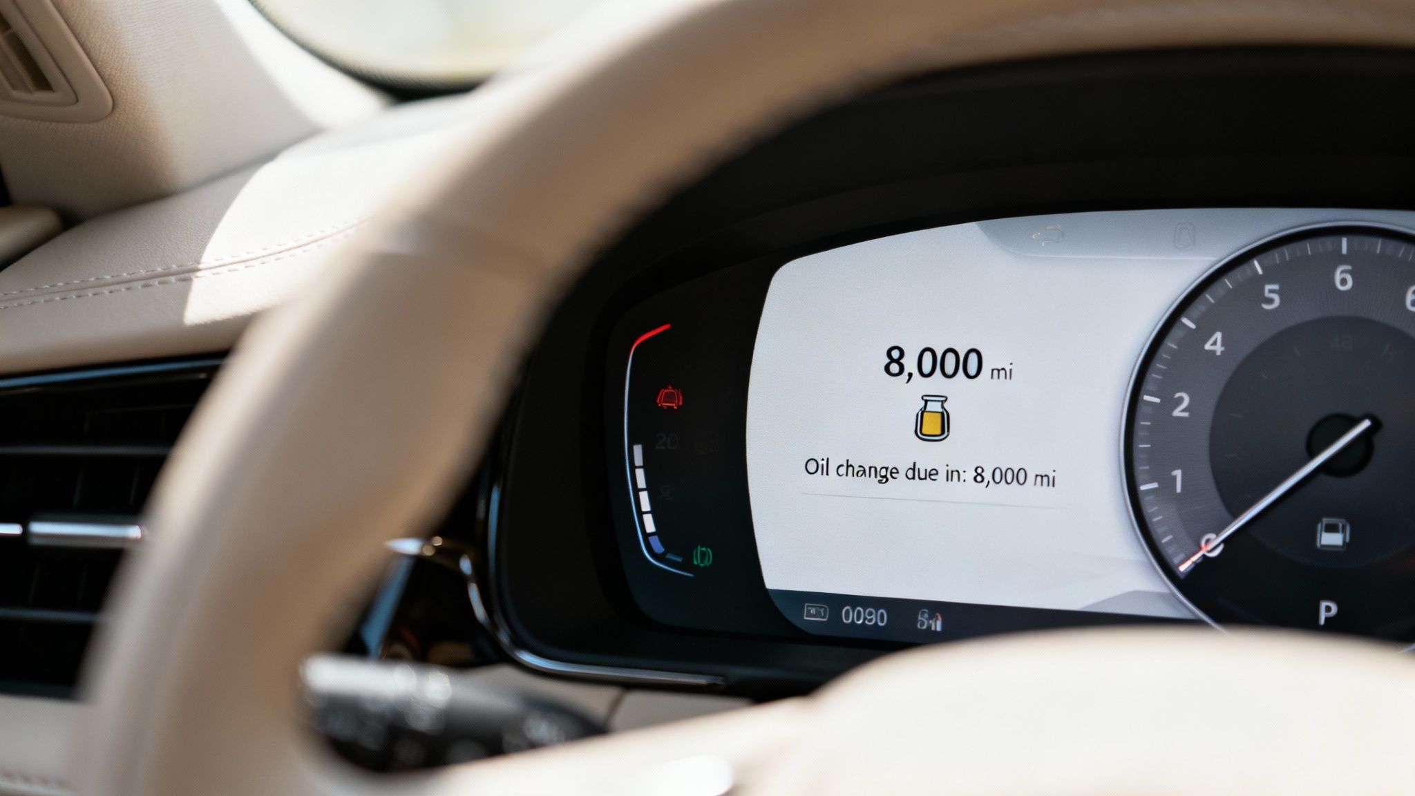A car's digital dashboard shows an oil change reminder for 8,000 miles, with a partial view of the steering wheel.