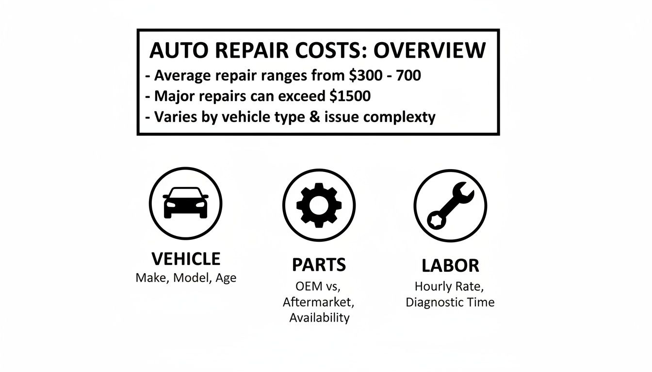 An infographic detailing auto repair costs overview, average ranges, and contributing factors.