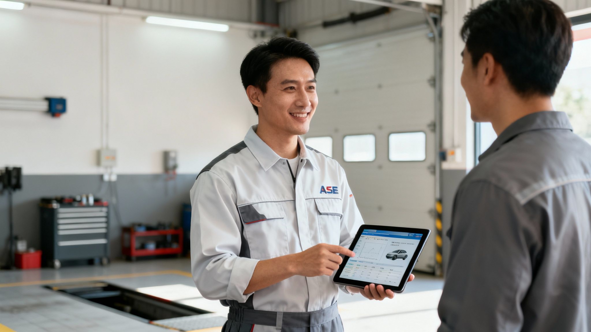 Smiling auto technician uses a tablet to explain vehicle service details to a customer in a modern garage.