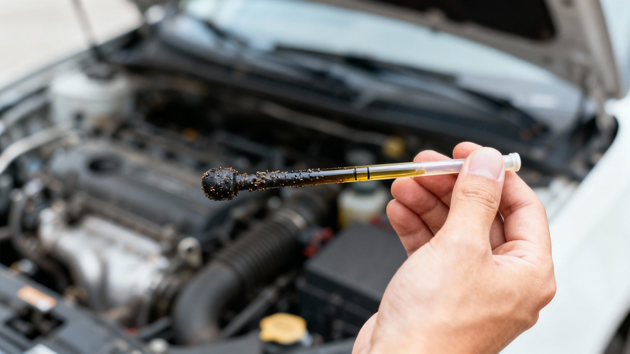 A person's hand holds a car oil dipstick showing dirty oil against a blurred engine.