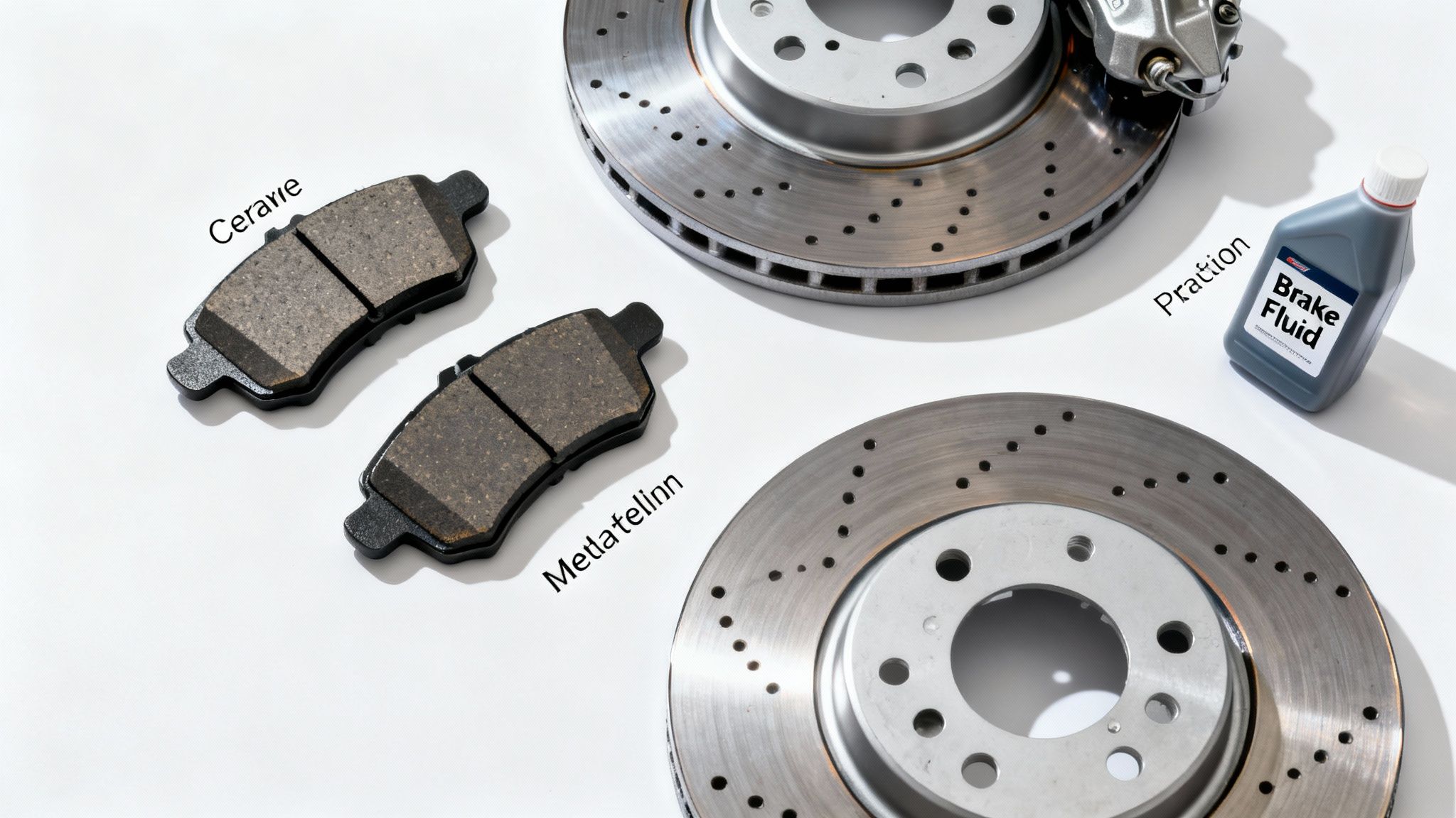 A comprehensive overhead view of car brake components: pads, drilled rotors, caliper, and brake fluid bottle.