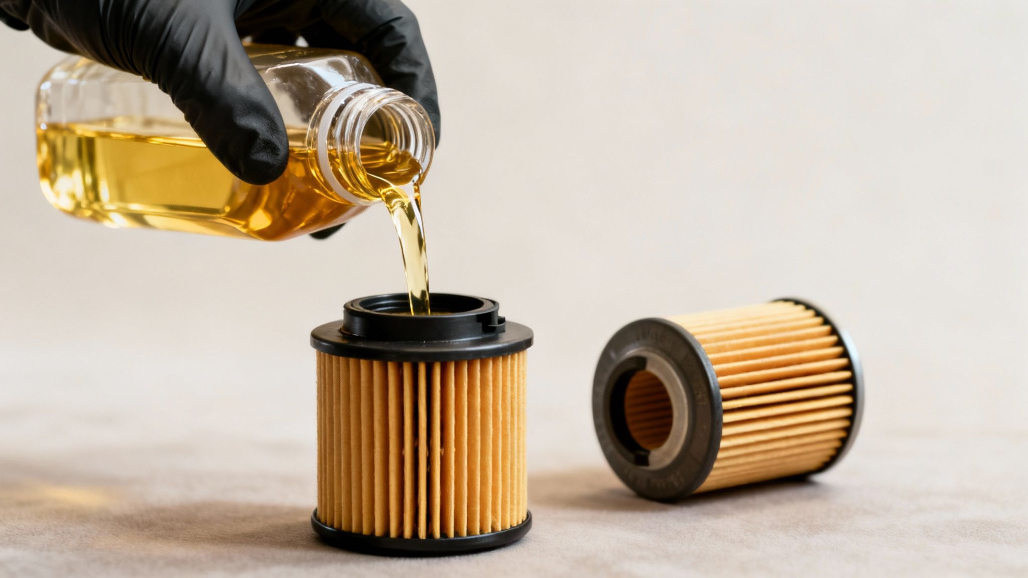 A gloved hand pours fresh golden engine oil into a new car oil filter, ready for maintenance.
