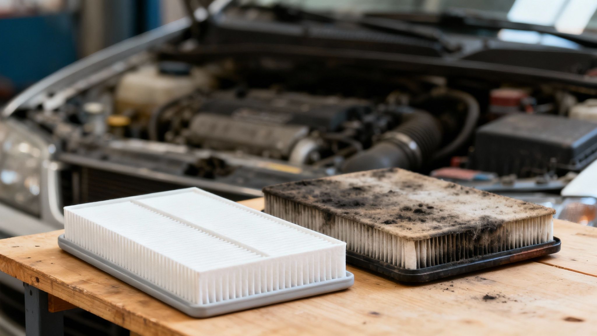 A clean, new car air filter next to a heavily soiled, old air filter on a wooden bench, with a car engine visible.
