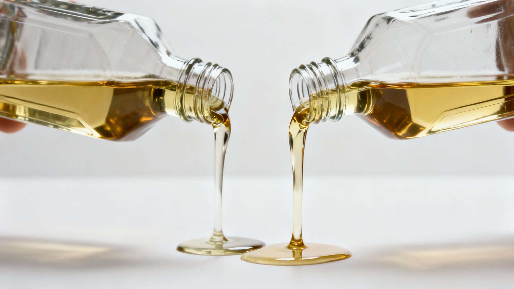 Two clear bottles pouring golden yellow oil simultaneously onto a clean white surface, creating small puddles.