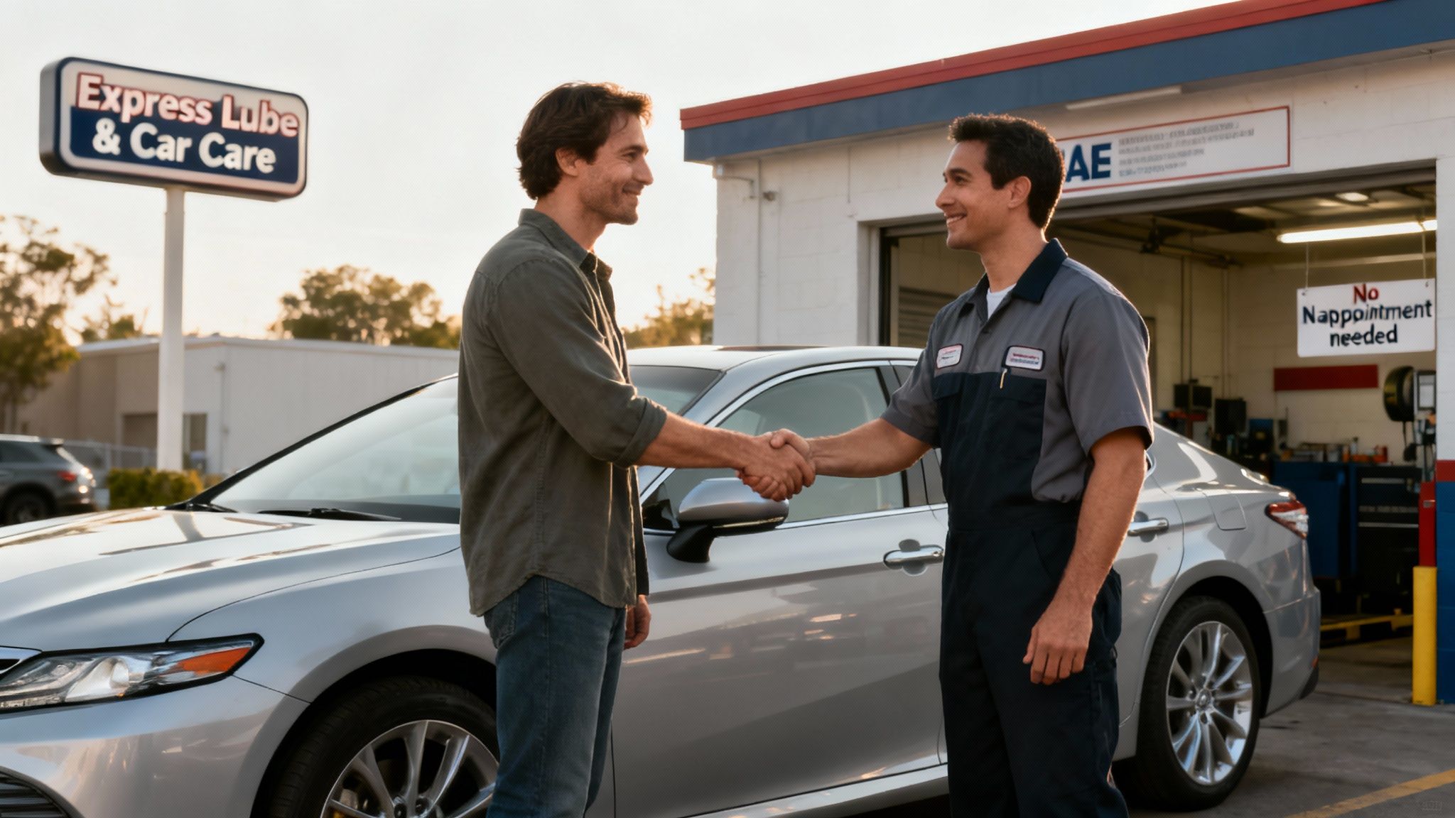 A happy customer shaking hands with a friendly mechanic at an Express Lube & Car Care center.