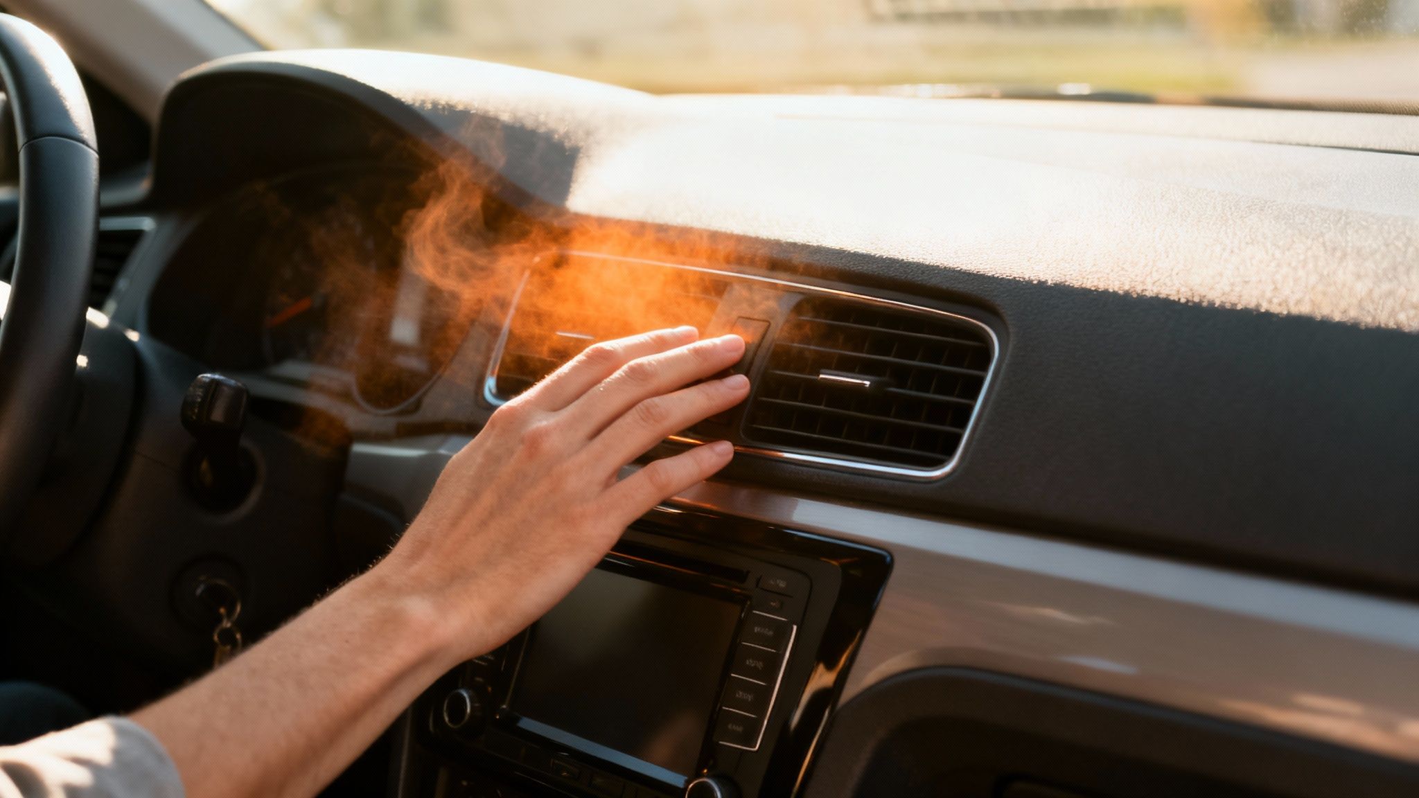 A hand adjusts a car's air conditioning vent, with orange mist illuminated by sunlight.