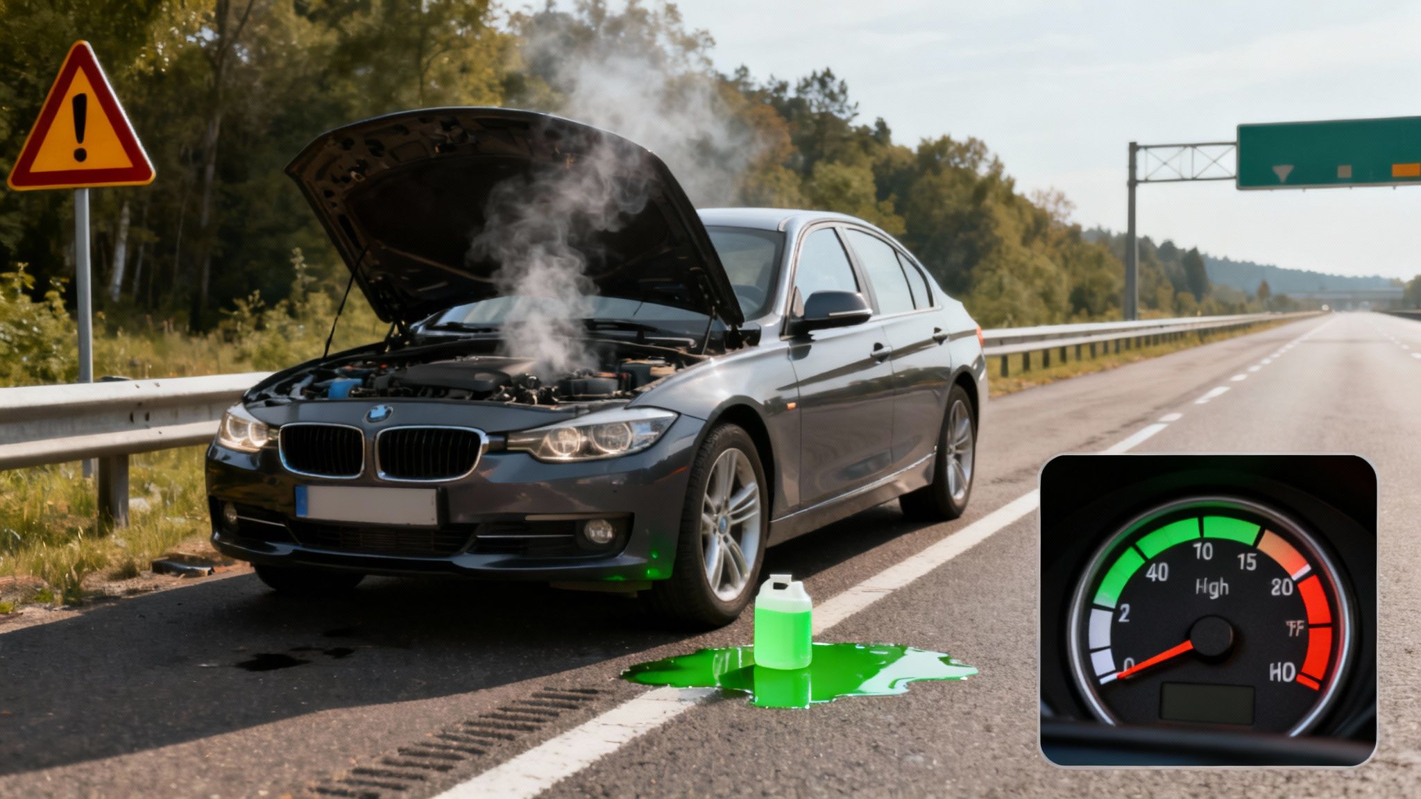 An overheating grey BMW car with an open hood, steam, and spilled green coolant on a highway.