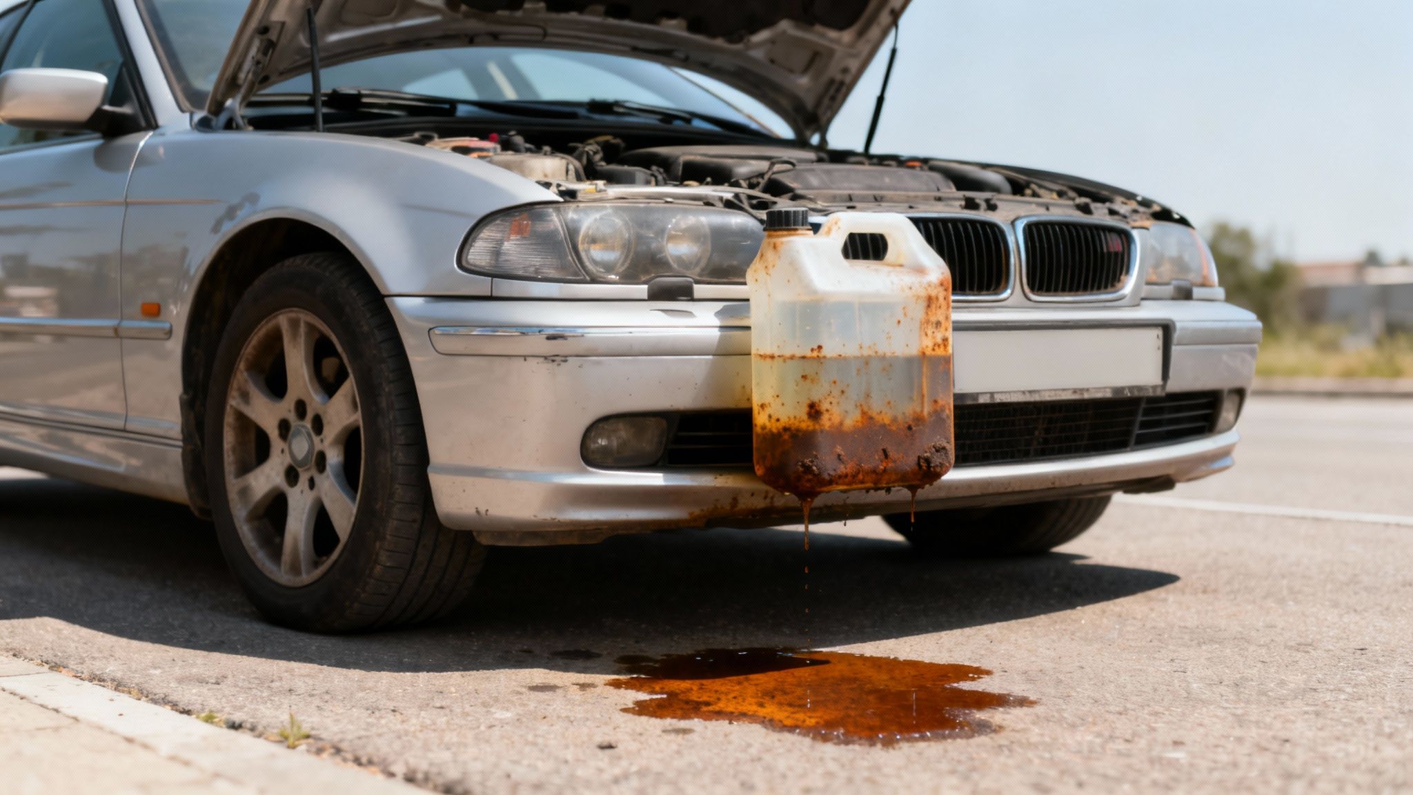 A silver car with its hood open, a rusty container dripping coolant, forming a puddle on the asphalt.