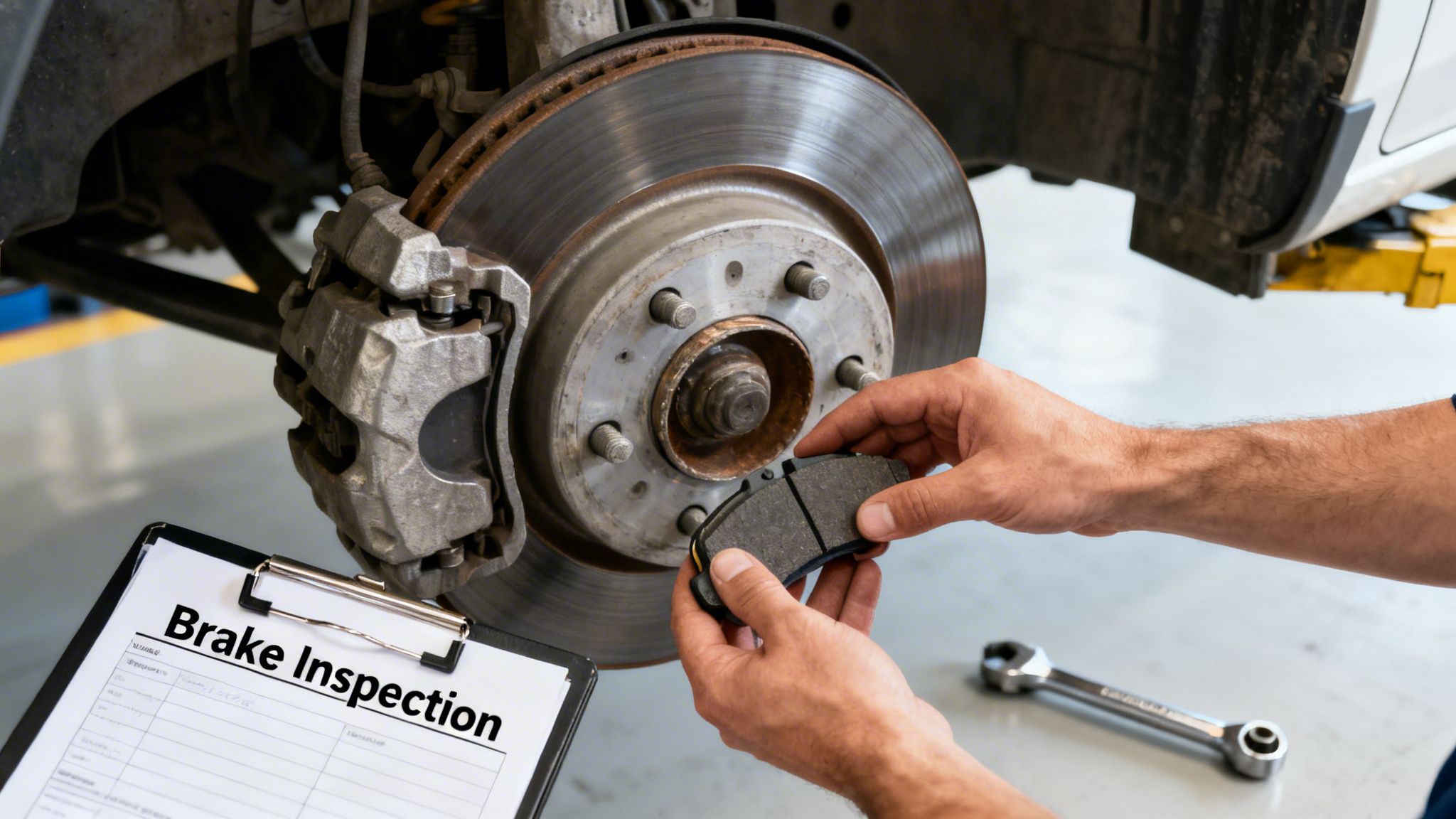 A mechanic holding a new brake pad during a car brake inspection, with the brake rotor and caliper visible.