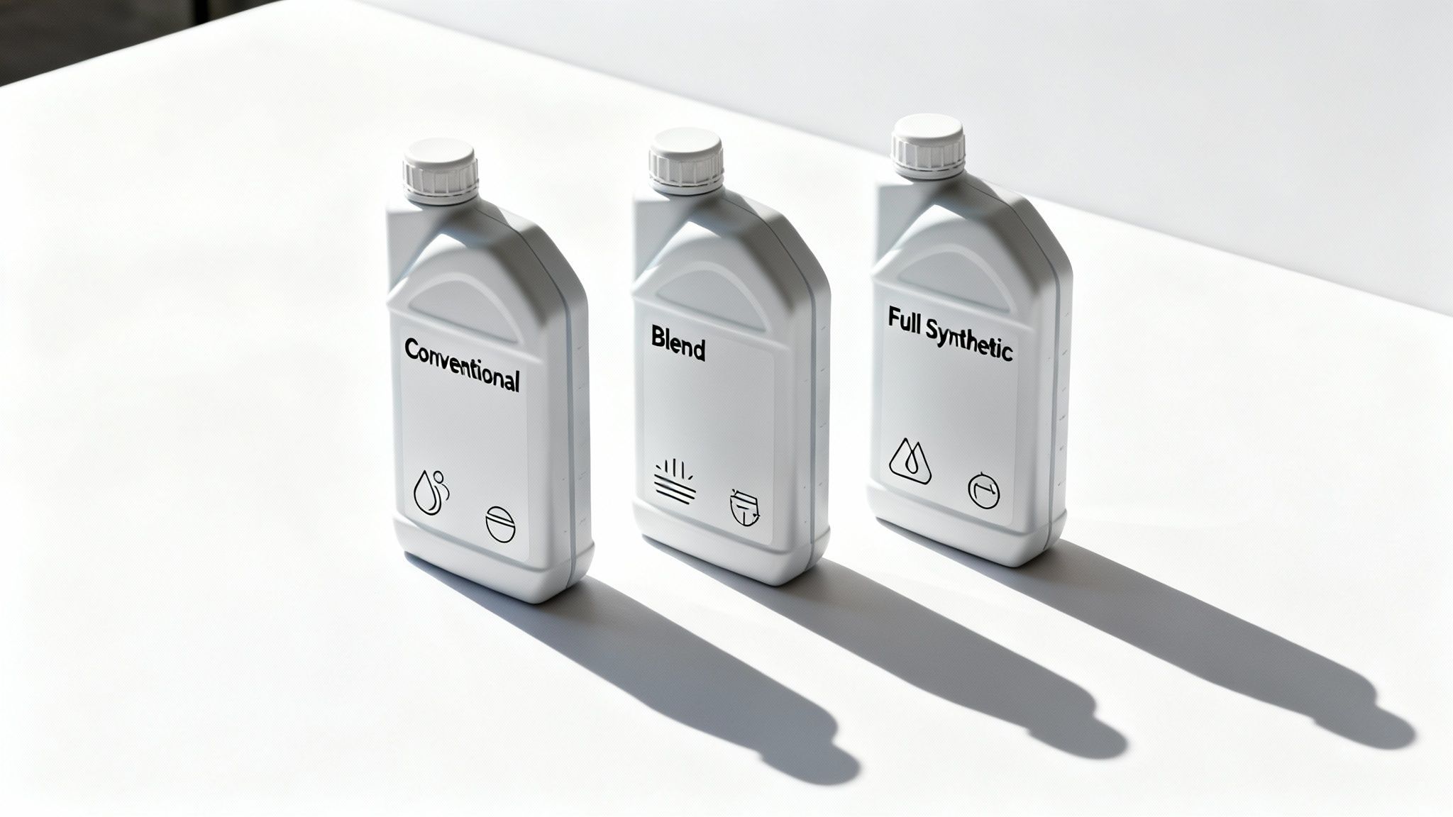 Three white bottles of car oil, labeled Conventional, Blend, and Full Synthetic, on a white surface.