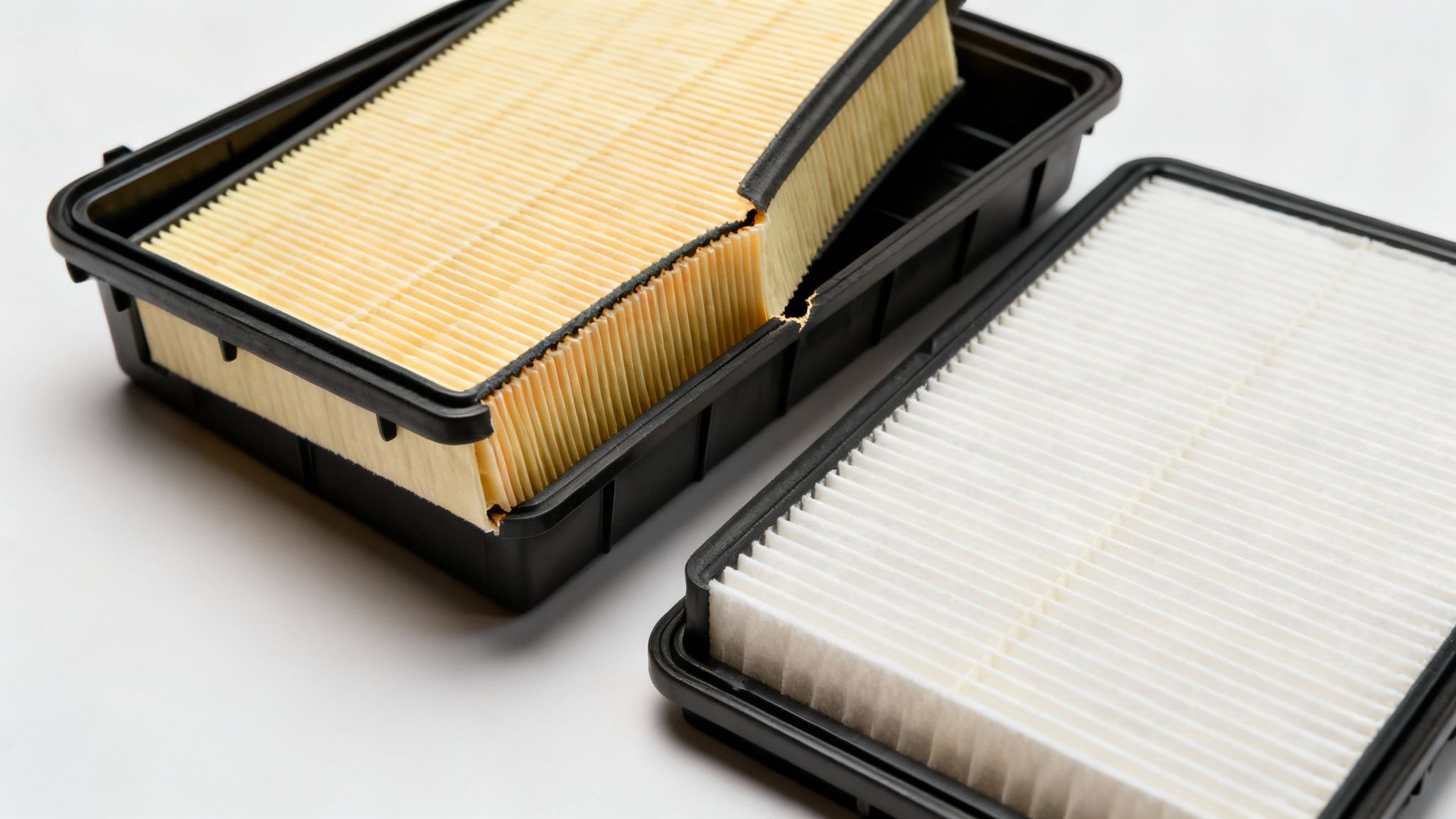 Two new rectangular car air filters, one yellow and one white, in black housings on a white surface.
