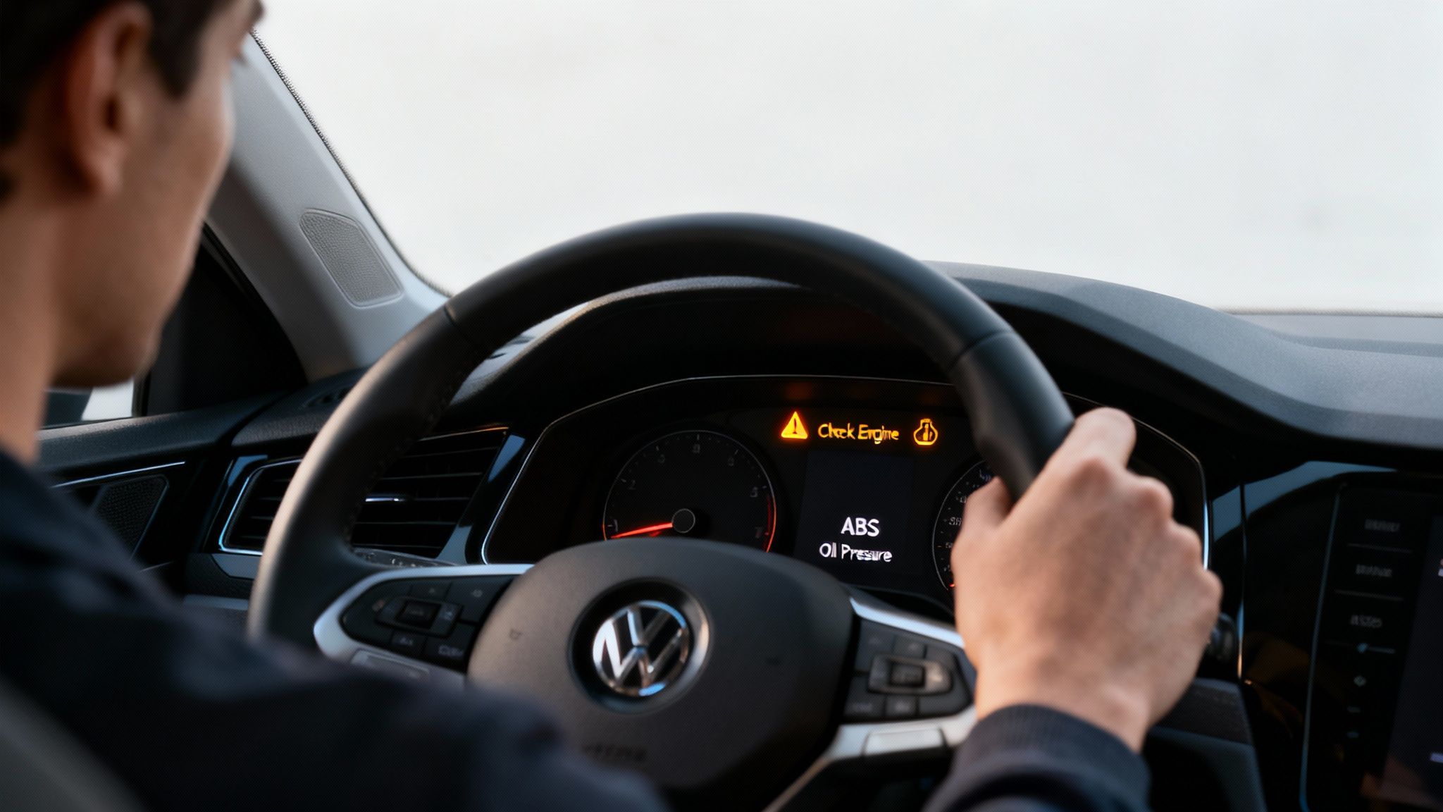 Driver's view of a car dashboard with multiple warning lights including Check Engine and ABS illuminated.