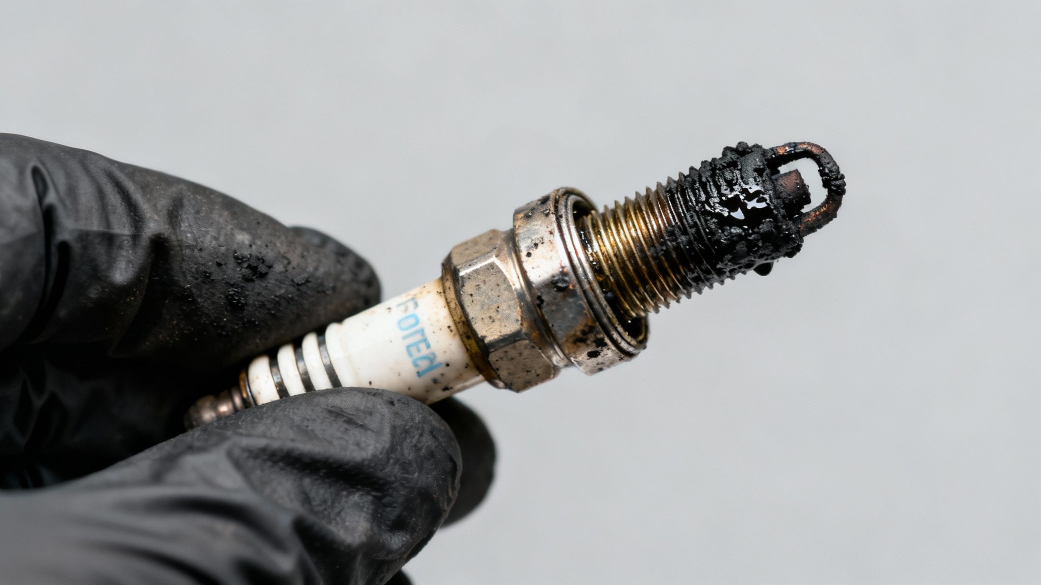 A black-gloved hand holds a severely fouled spark plug, covered in black oil and carbon.