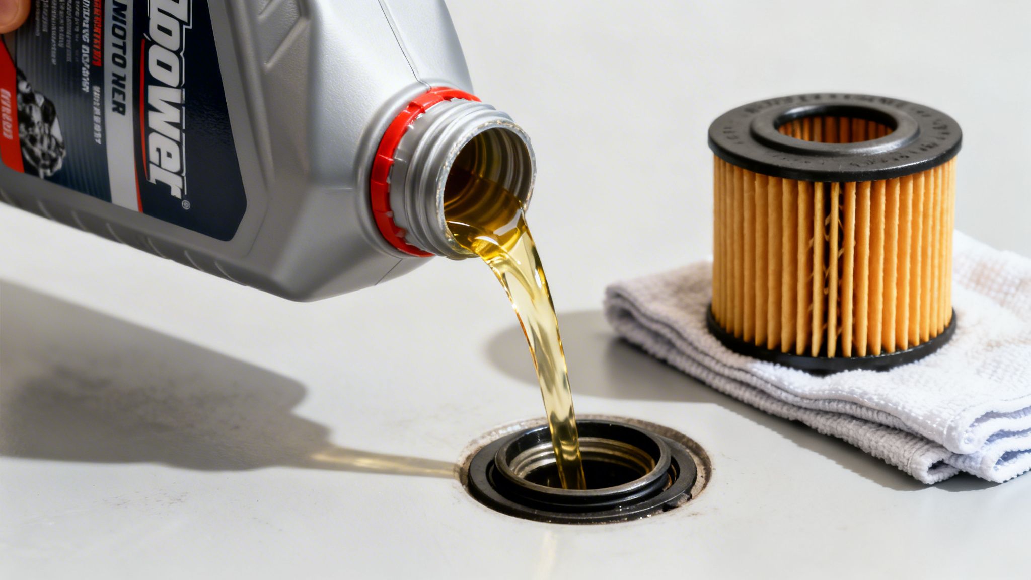 Fresh motor oil is poured from a gray bottle into an engine opening, next to a new oil filter on a white cloth.