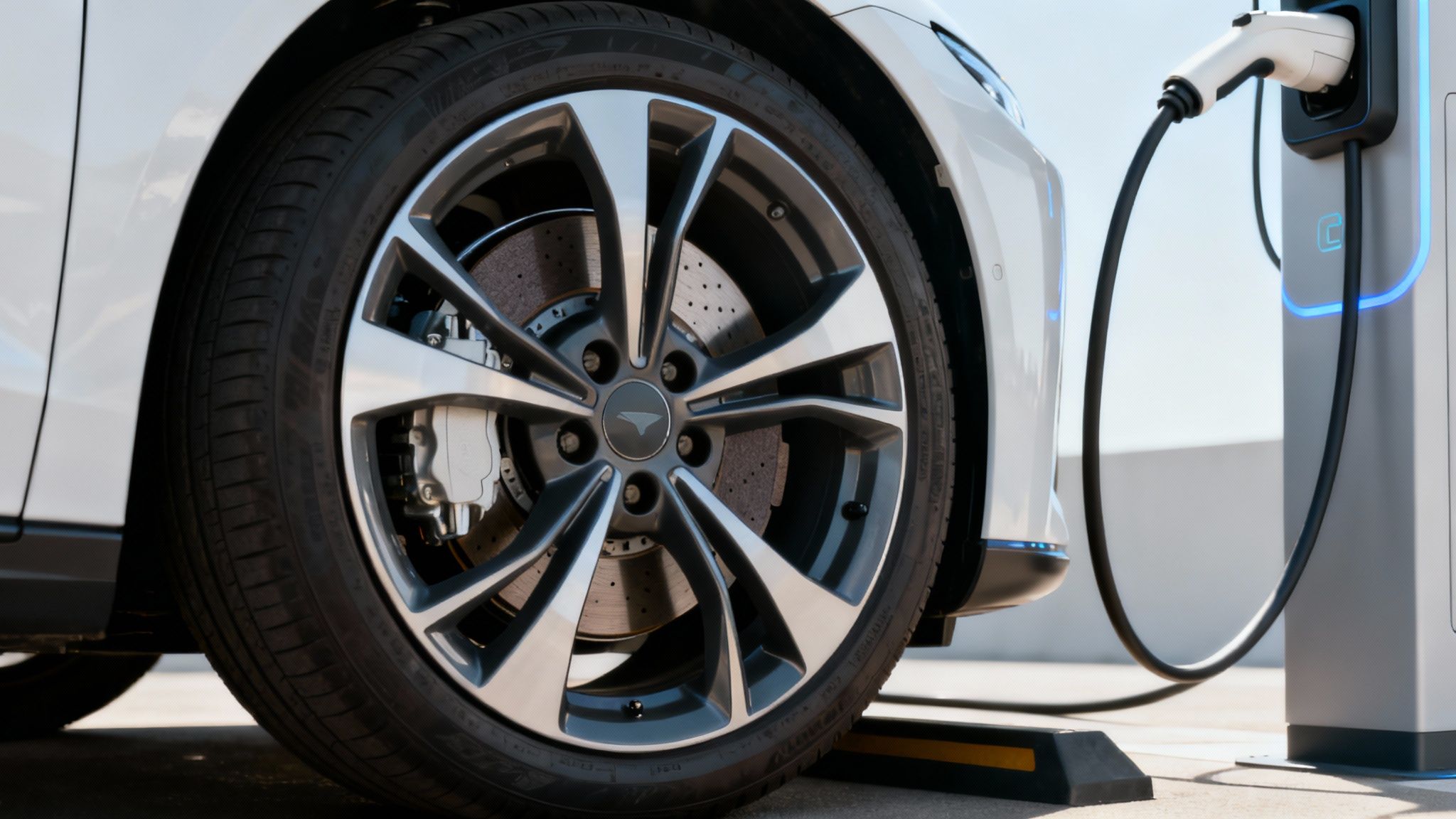 Close-up of a white electric car charging, showing its wheel, perforated brake disc, and caliper.