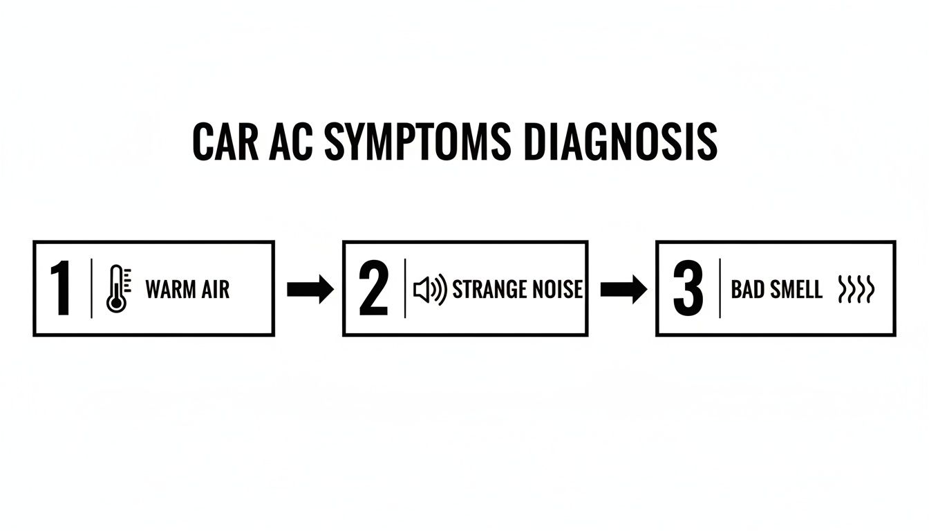 Flowchart illustrating car AC symptoms diagnosis, including warm air, strange noise, and bad smell.
