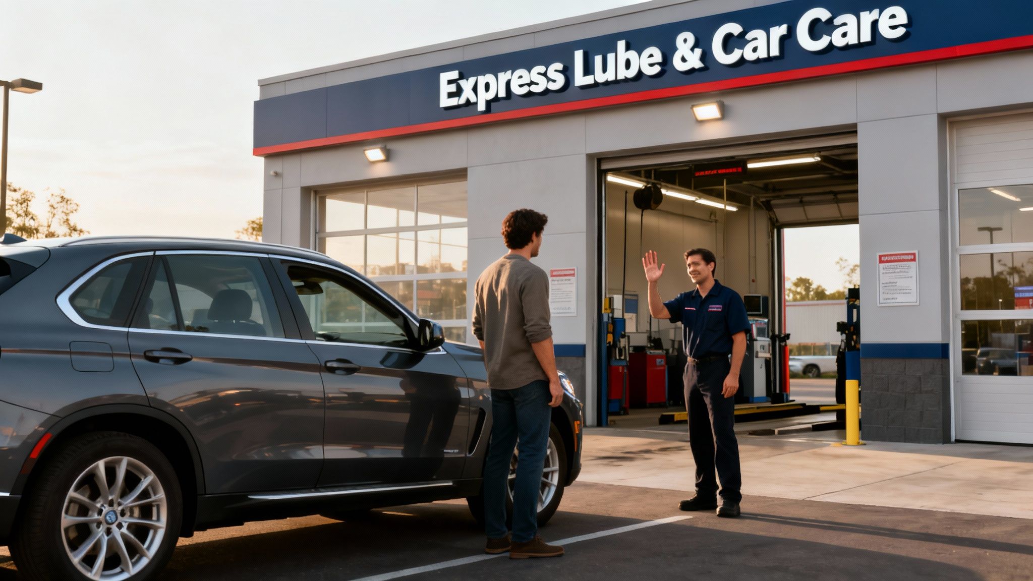 Man next to SUV waves to auto service technician at Express Lube & Car Care.