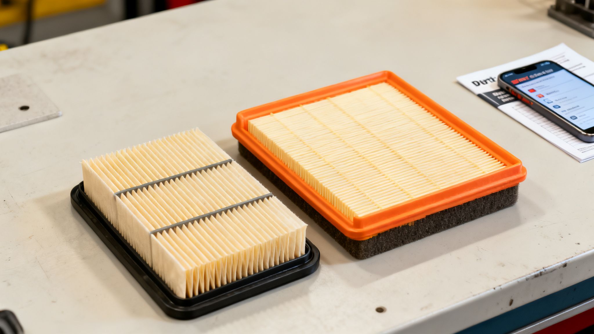 Two new rectangular car air filters, one with an orange frame, displayed on a clean workbench.