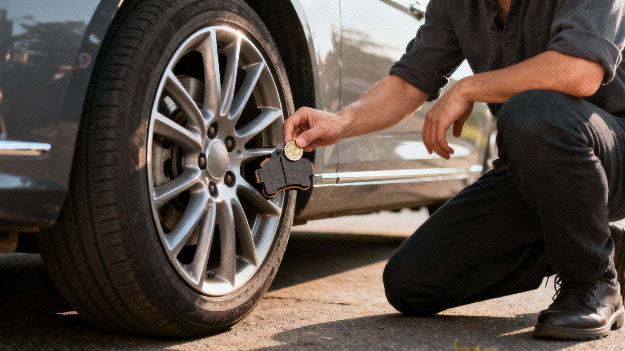 A man performs a visual brake inspection on a car, holding a brake pad and coin.
