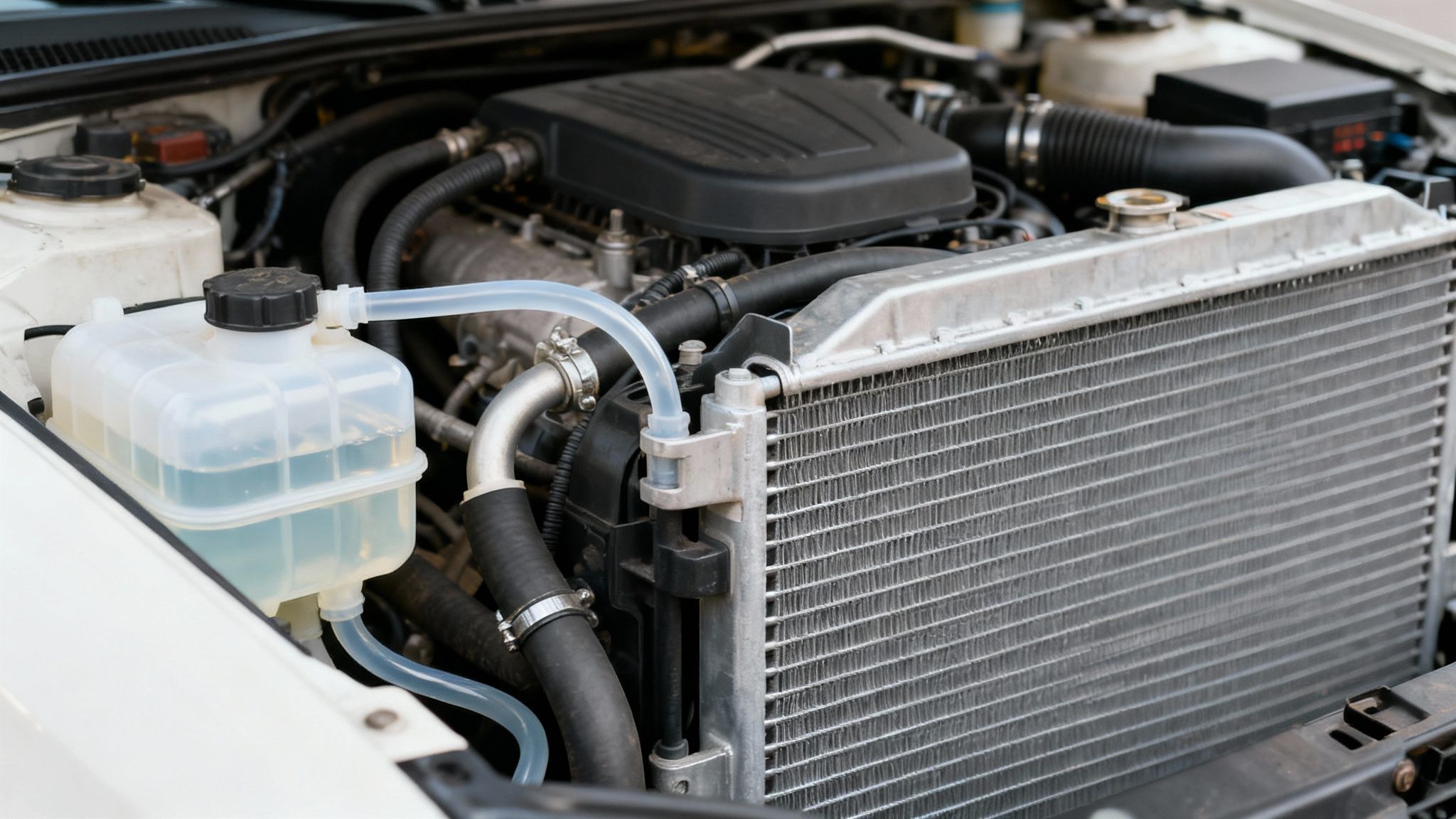 Close-up of a car's engine bay showing the radiator and coolant reservoir being filled.