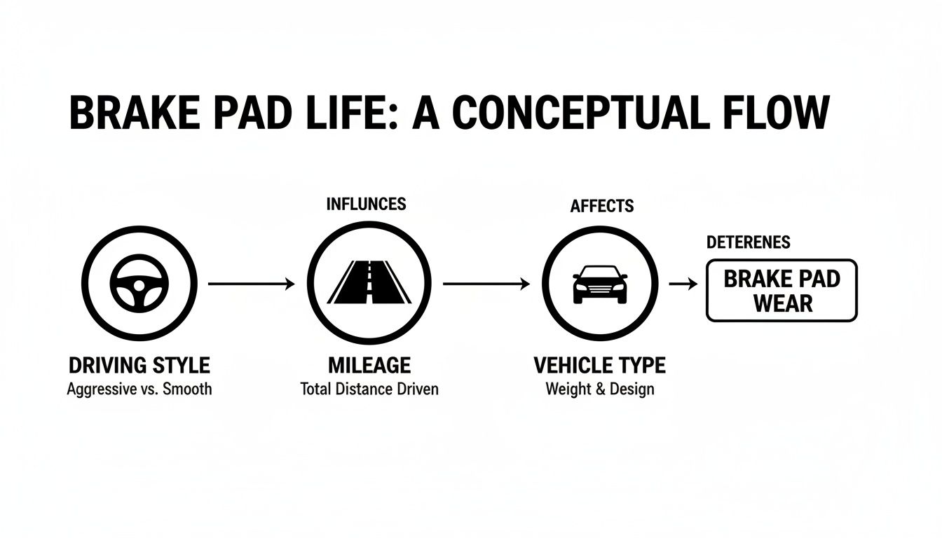 Diagram illustrating the conceptual flow of factors influencing brake pad wear, including driving style, mileage, and vehicle type.