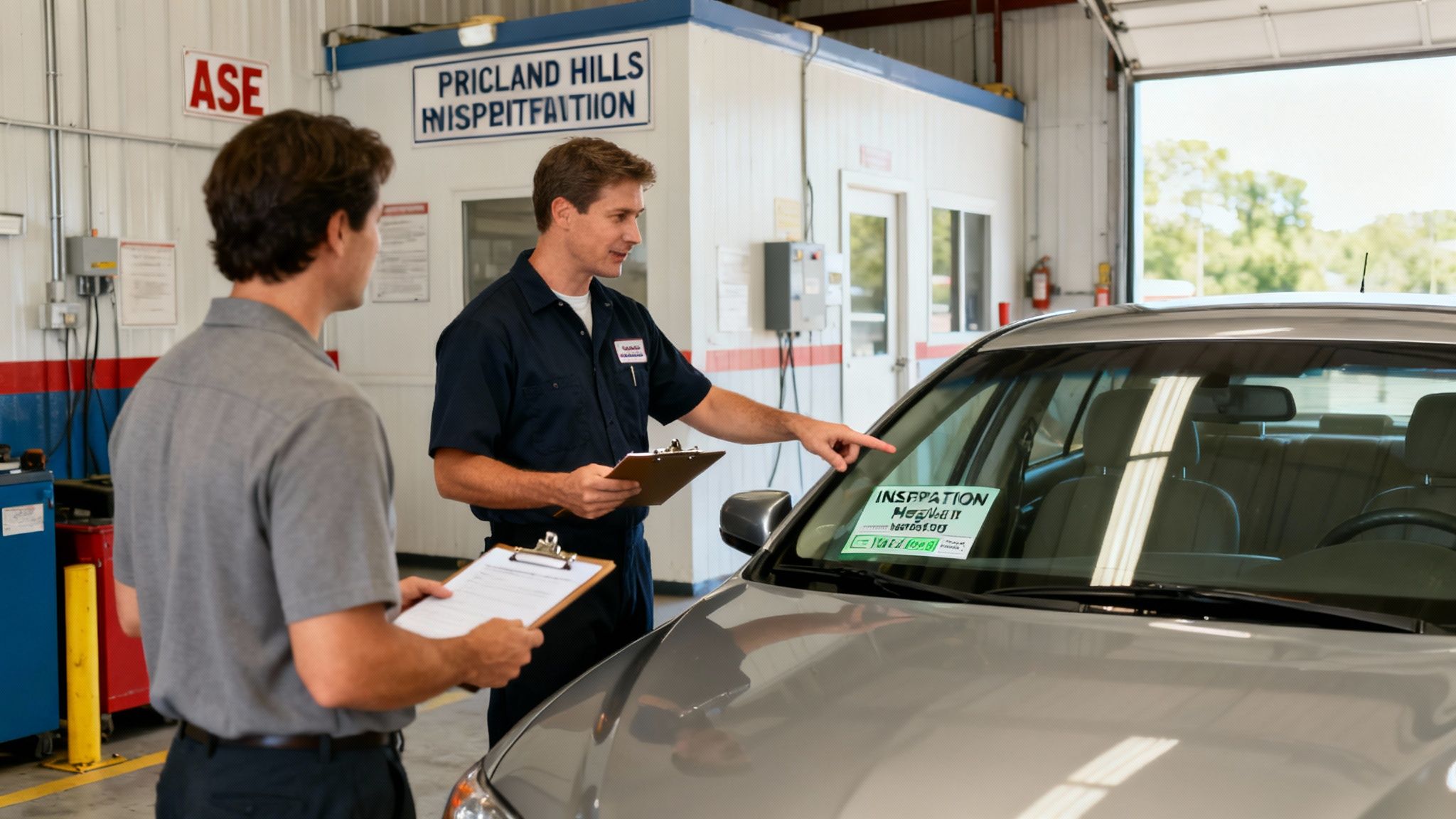 A mechanic points at a car windshield document while talking to a customer in a service bay.