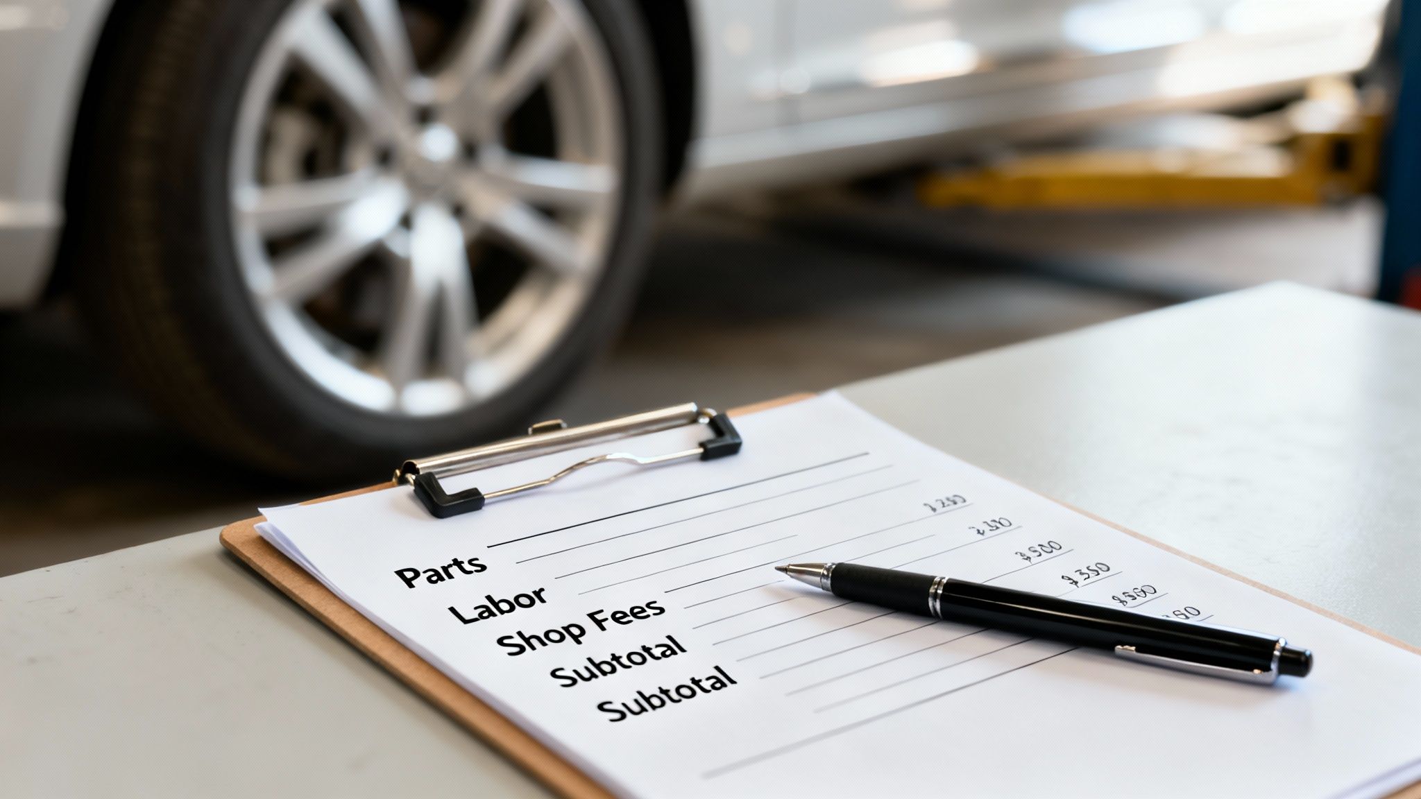 A car repair cost estimate document with sections for parts, labor, and fees on a clipboard with a pen.