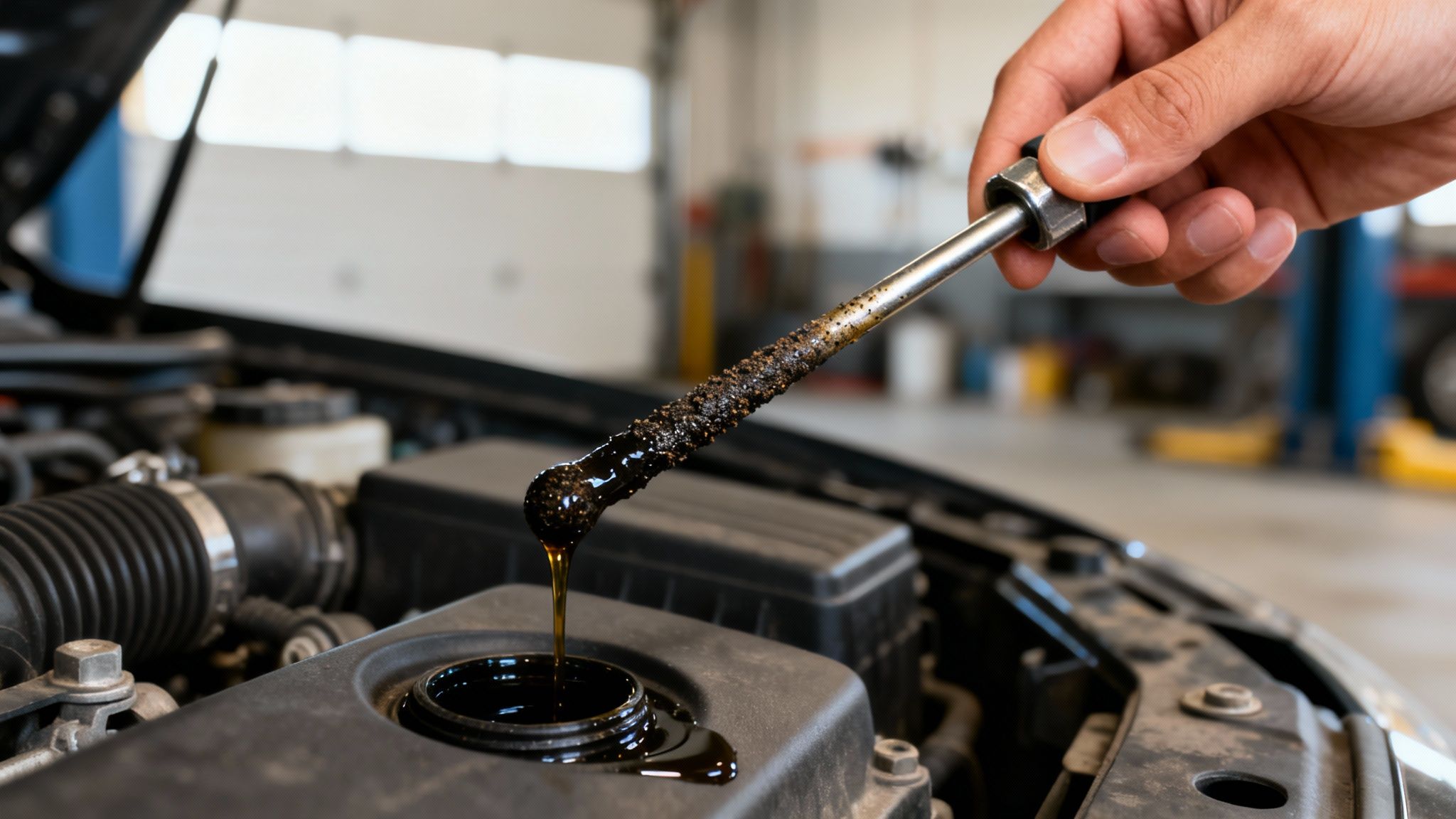 Hand holding a car engine dipstick covered in dirty, sludgy oil dripping into the filler.