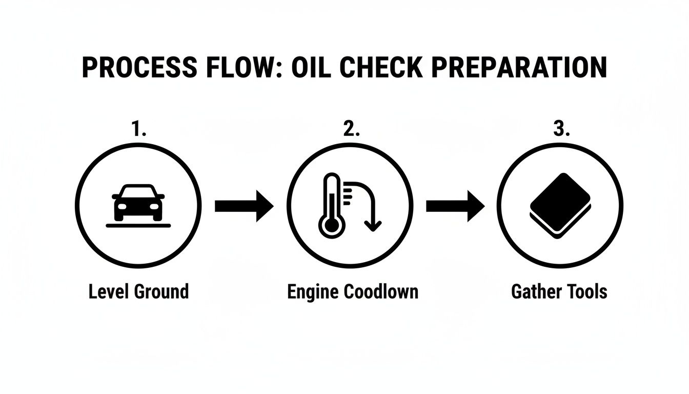 A three-step process flow for car oil check preparation: level ground, engine cooldown, and gather tools.