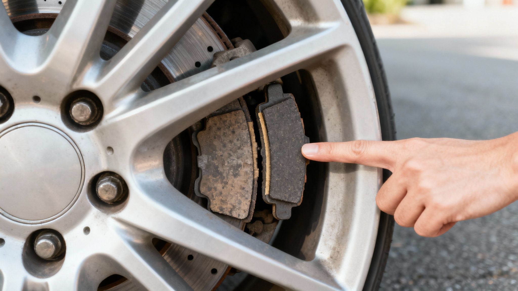 A close-up of a hand pointing at a car's brake pads, showing one worn and one newer pad inside the wheel.