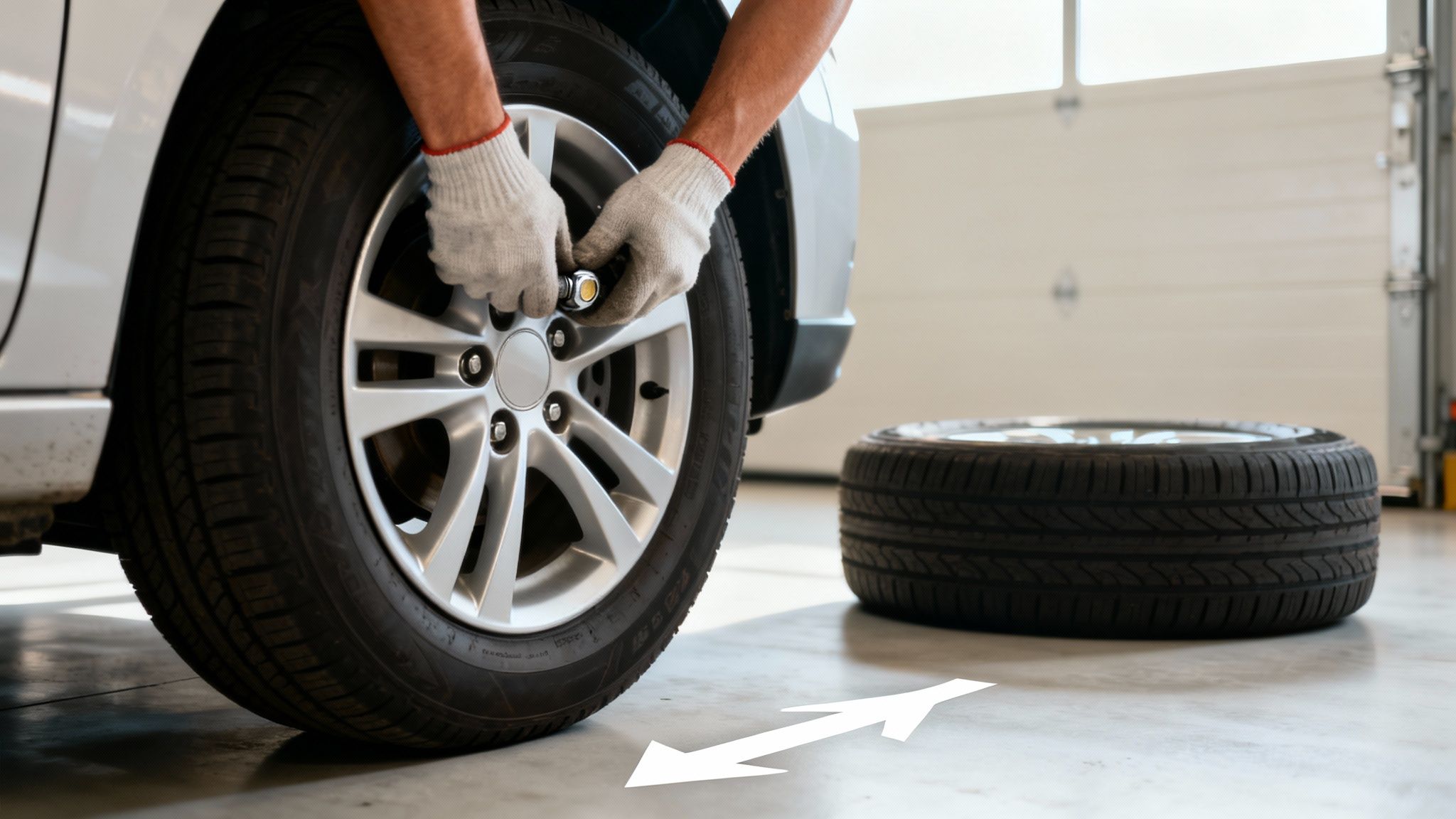 A mechanic in gloves tightens a lug nut on a car tire, with another tire nearby in a garage.
