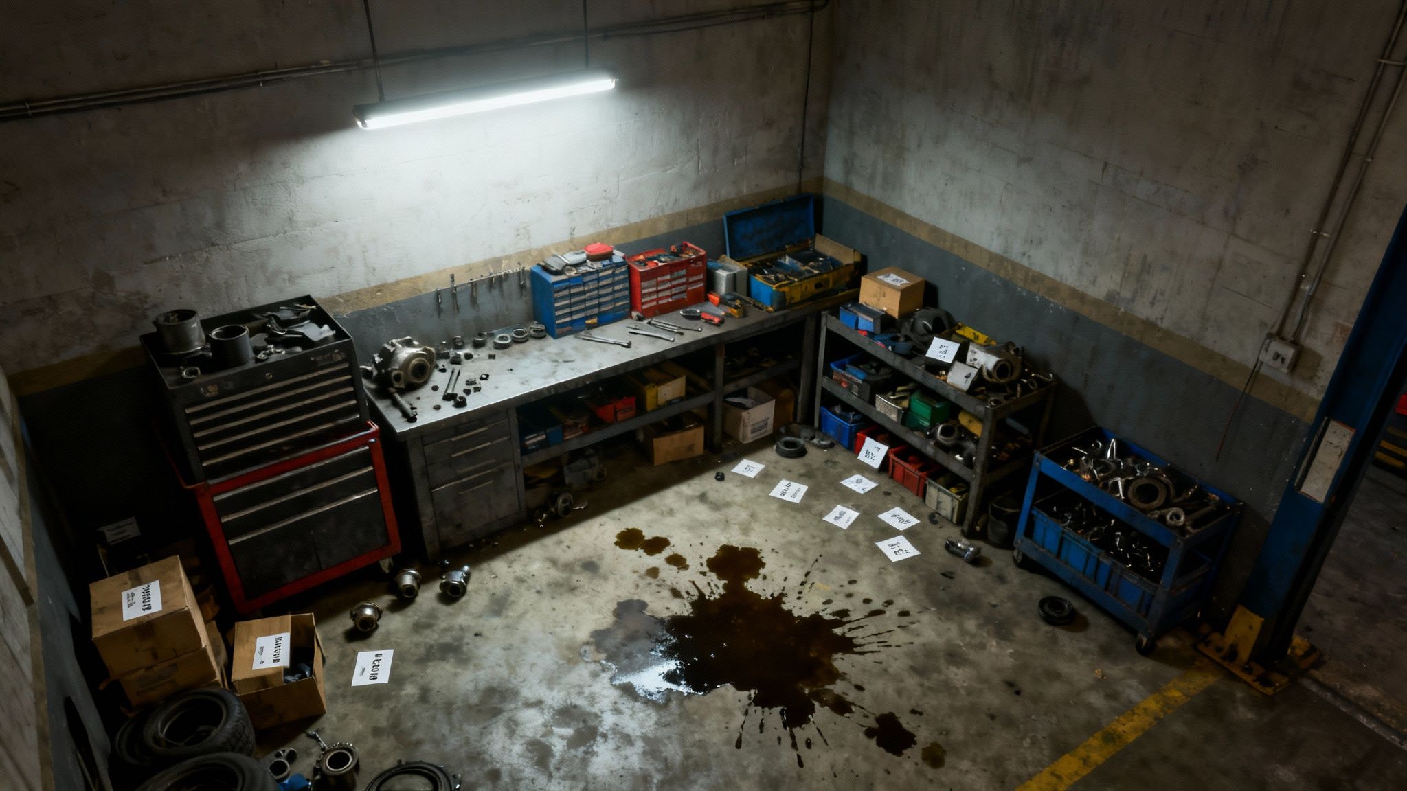 A cluttered mechanic's workshop with tools, disassembled car parts, and an oil spill on the floor.