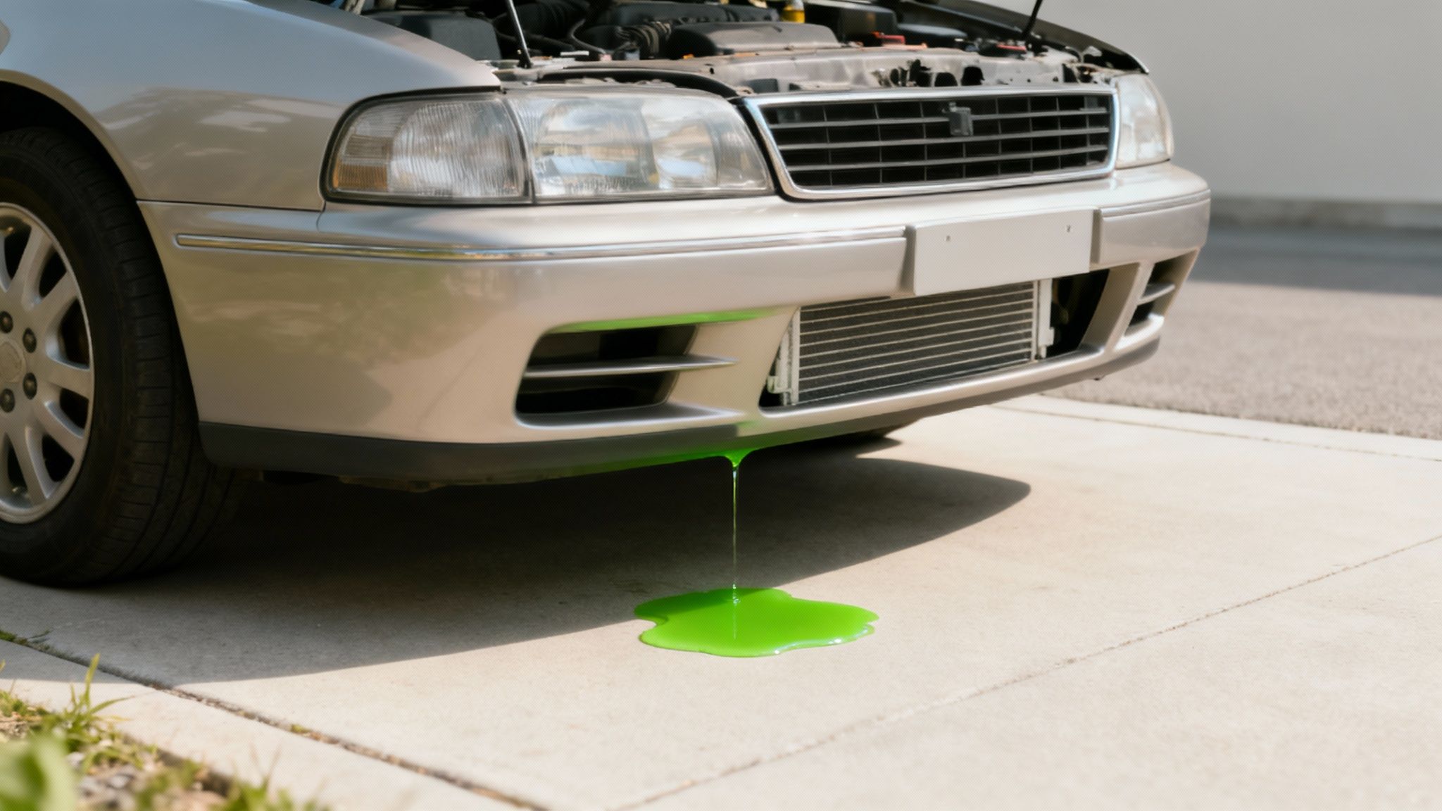 Front of a silver car with the hood open, leaking green coolant onto a concrete driveway.