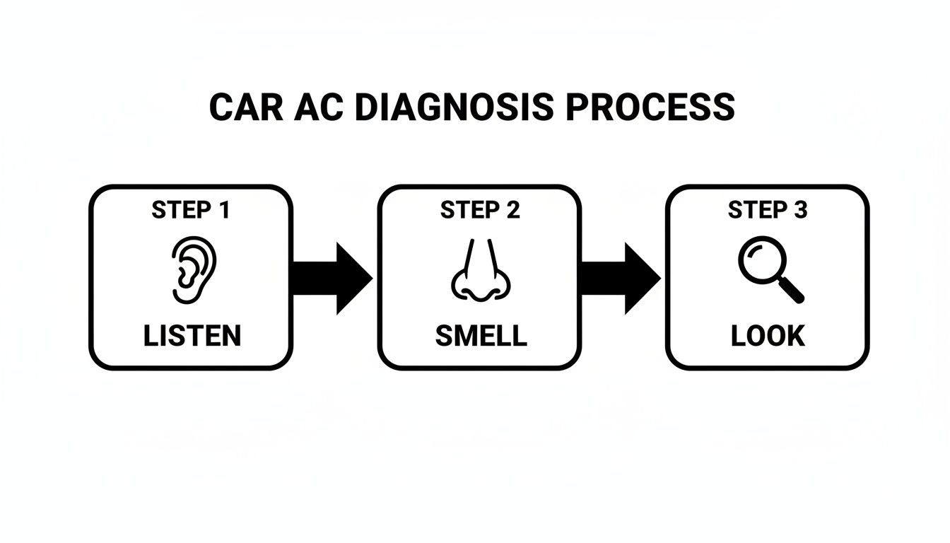 A flowchart detailing the car AC diagnosis process, emphasizing listening, smelling, and looking.