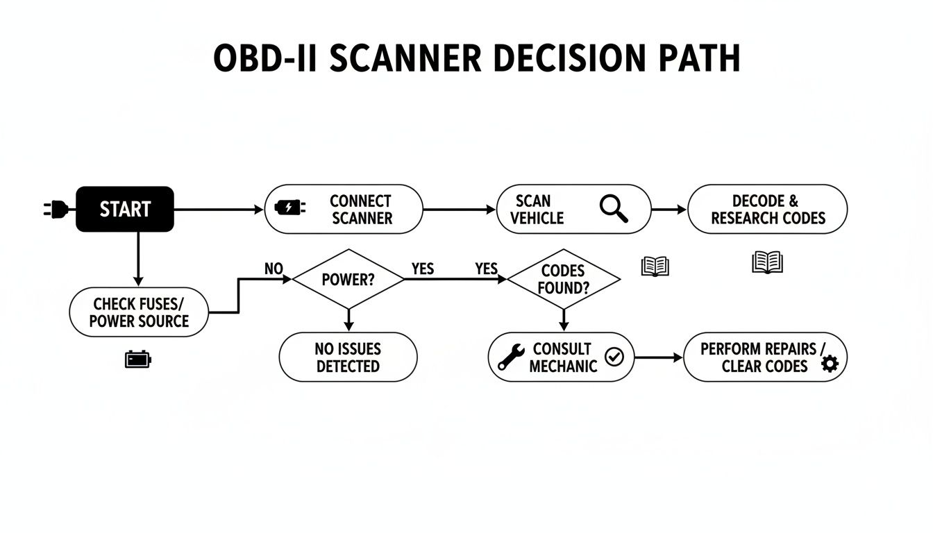 A detailed flowchart illustrating the decision path for using an OBD-II scanner to diagnose car problems.