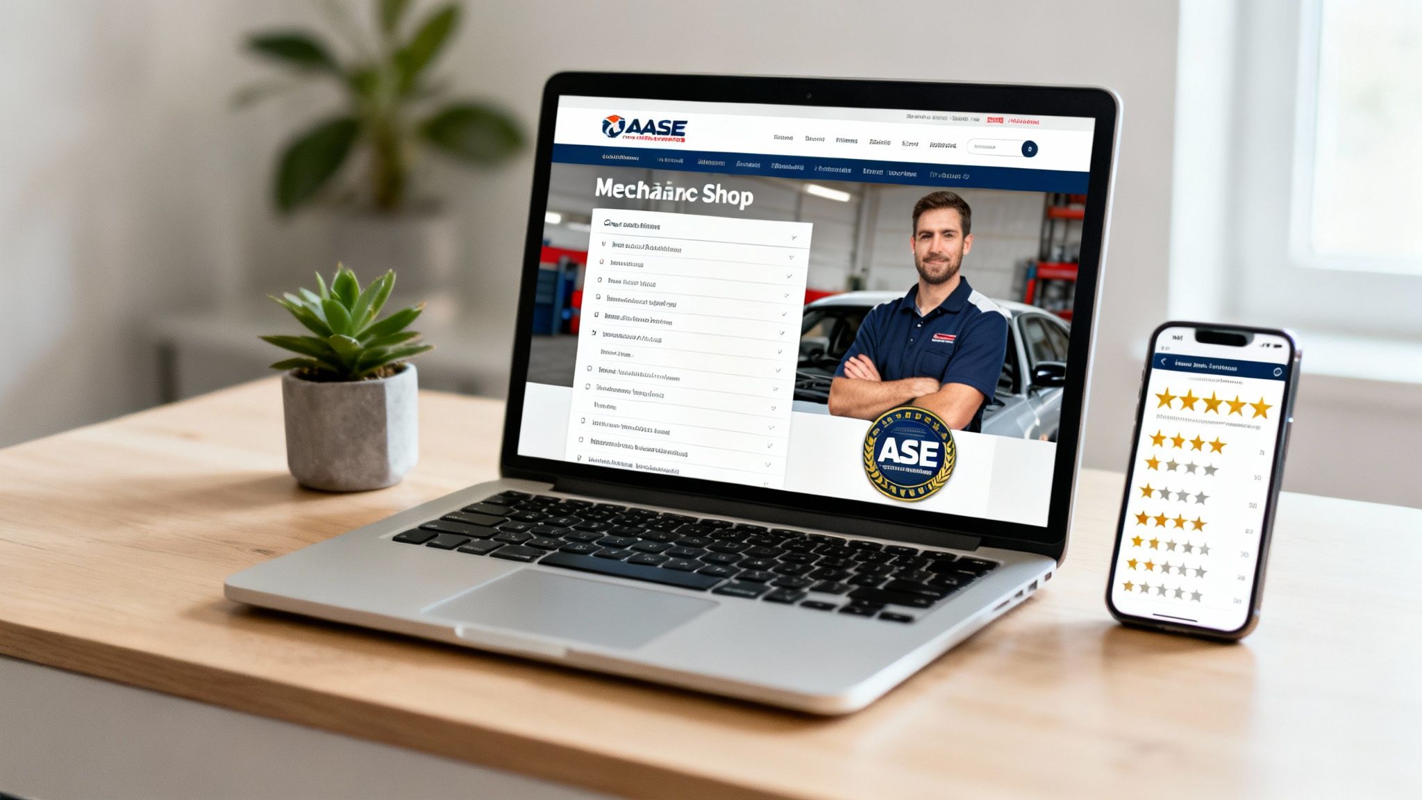 Laptop displays a mechanic shop website with an ASE-certified technician, next to a phone showing customer reviews.