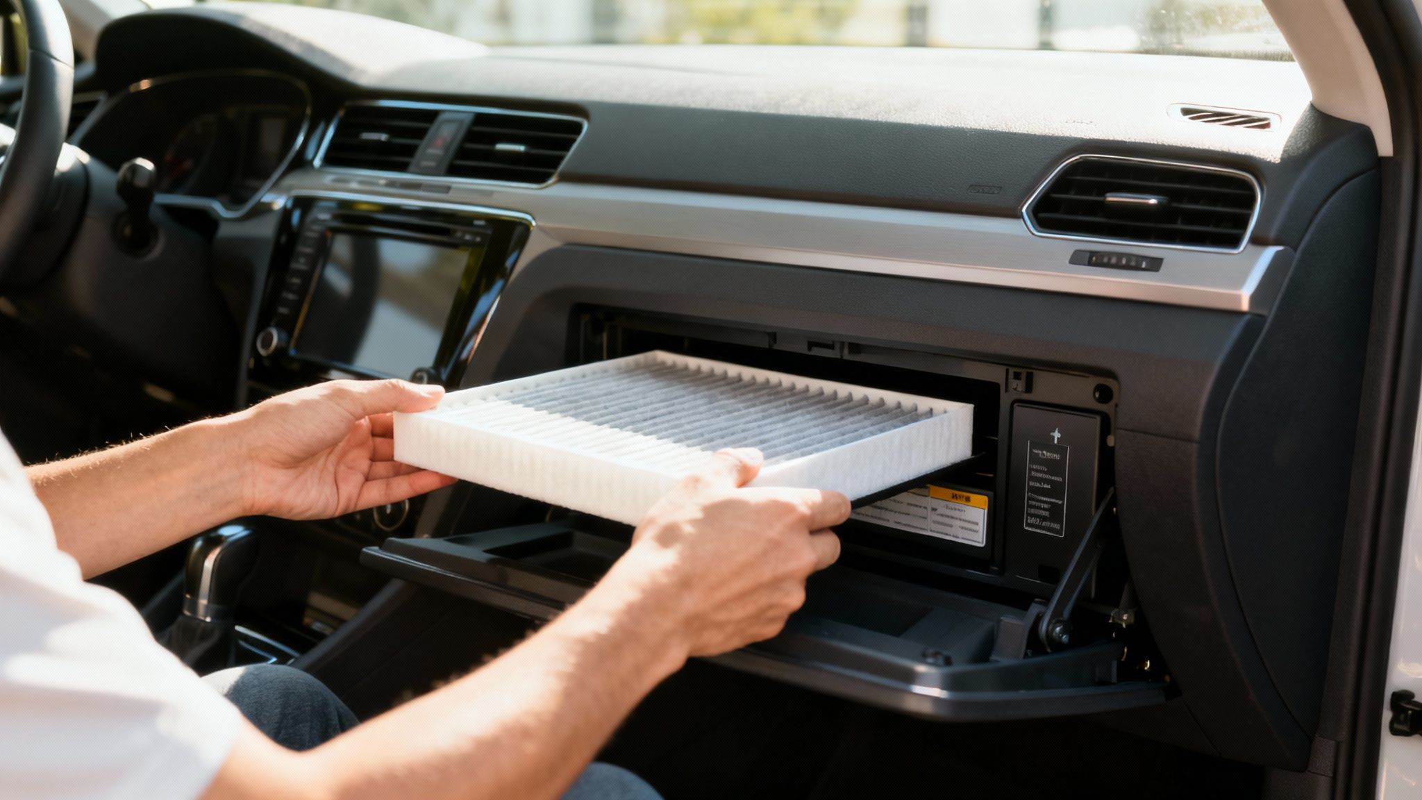 Hands replacing a car's cabin air filter, positioned behind the glove compartment.